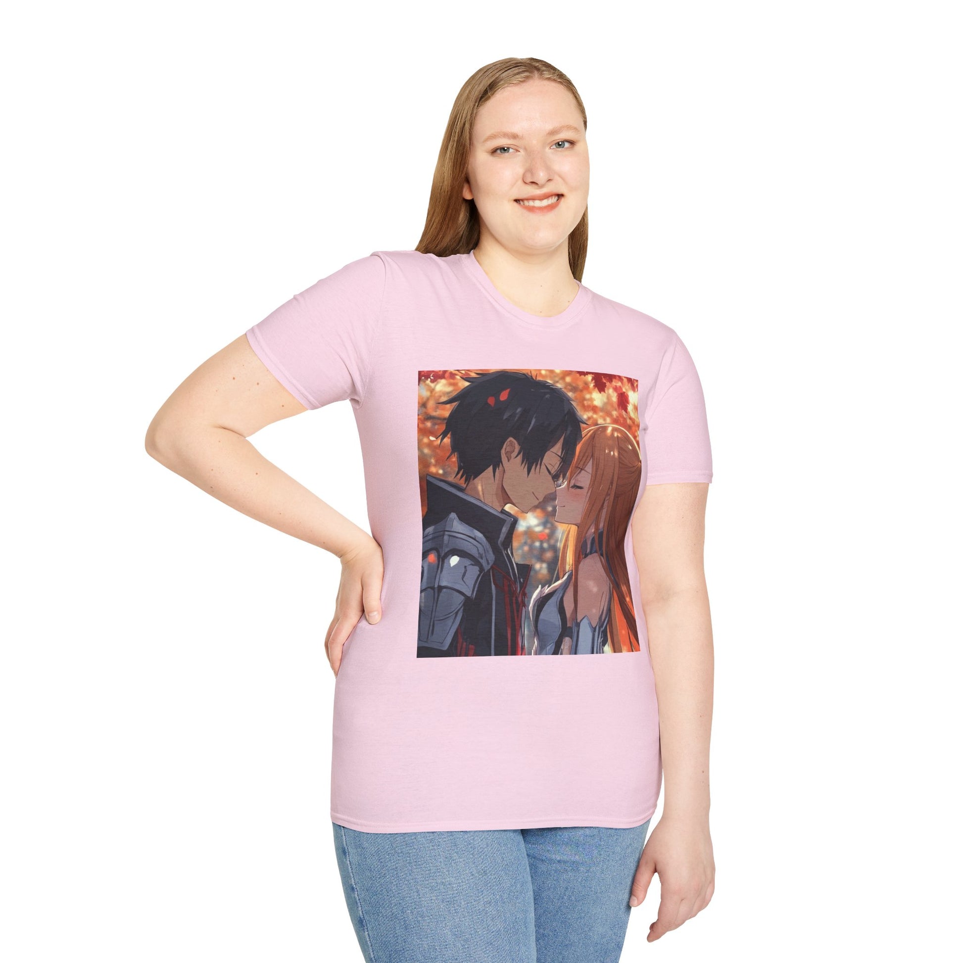 Black Knight Fantasy Tee -  fantasy romance black knight anime shirt graphic tee unisex Black Knight & Golden Flash Tee – Kirito and Asuna under autumn leaves