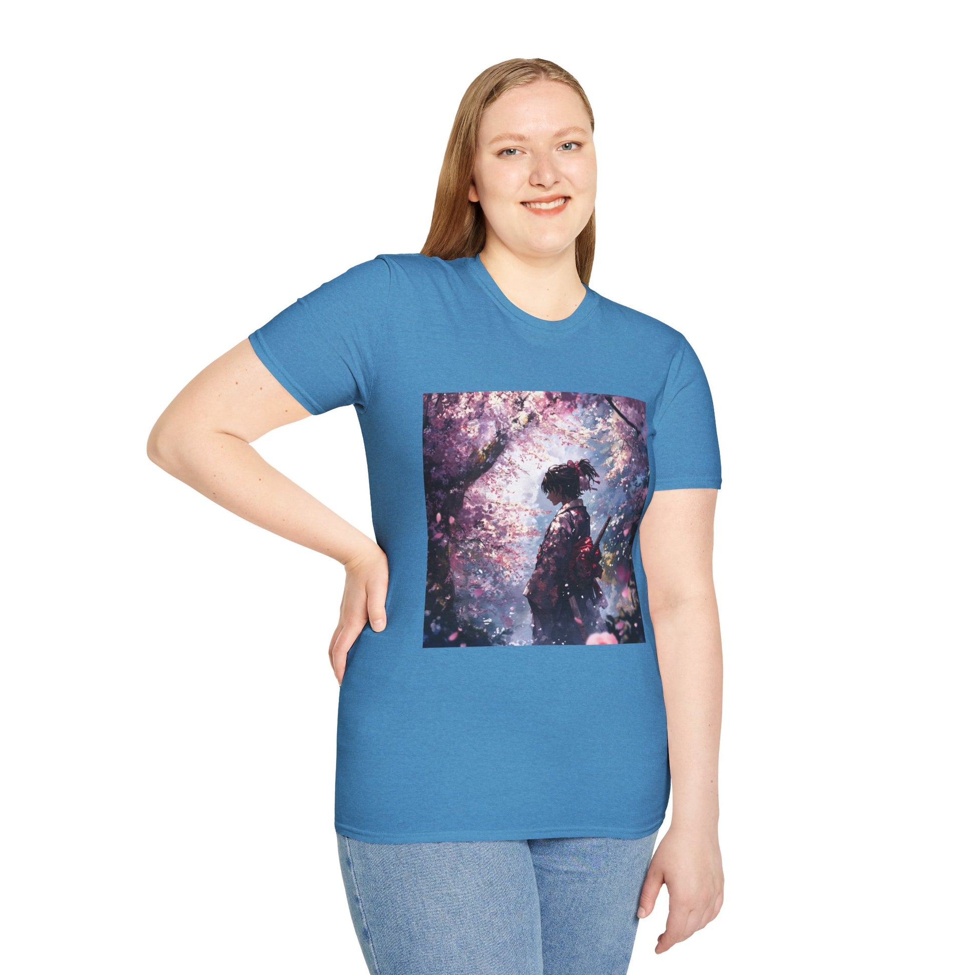 Cherry Blossom Warrior Tee -  samurai cherry blossom japanese culture anime shirt graphic tee unisex Cherry Blossom Samurai Tee – Ornate samurai beneath pink blossoms with katana sheathed