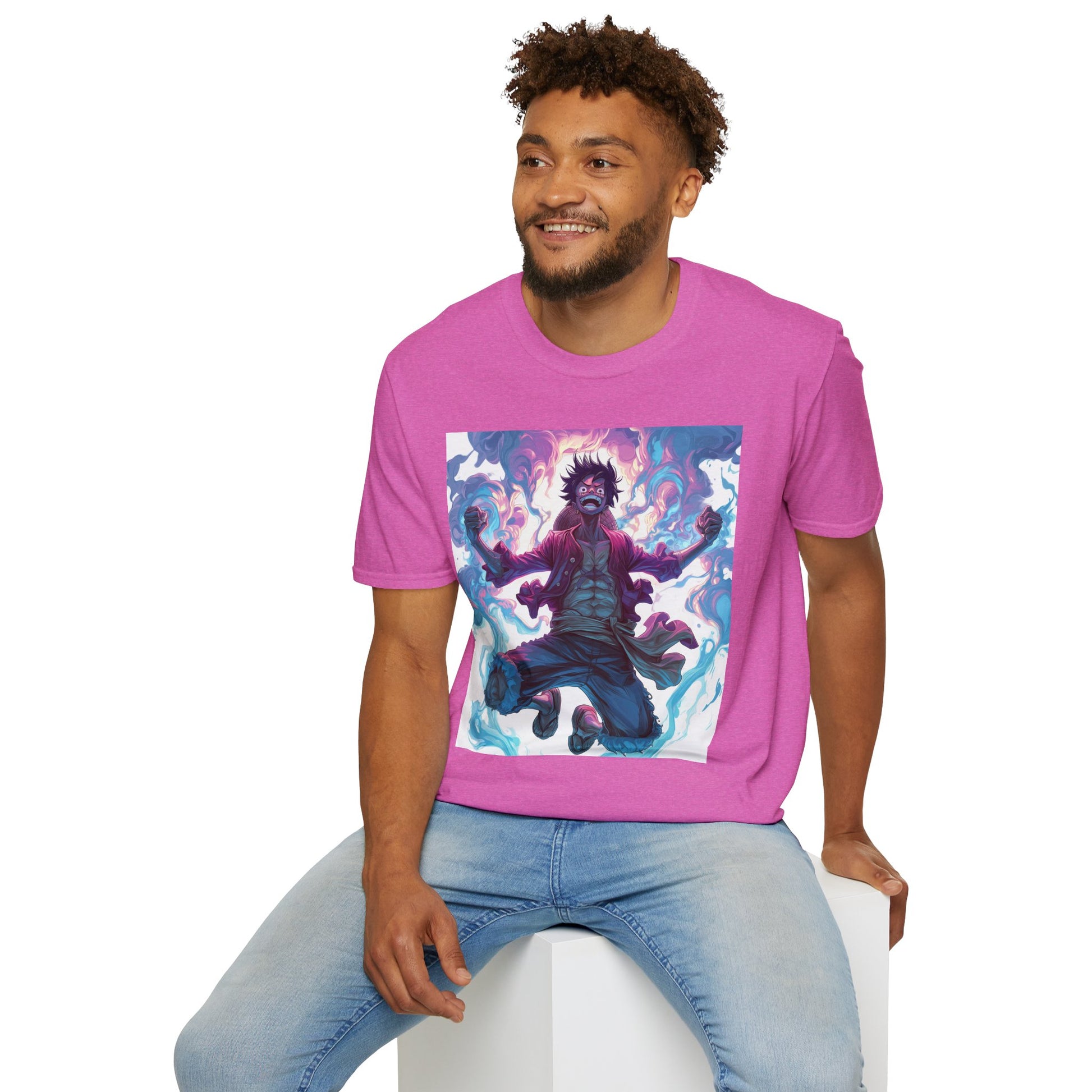 Luffy Pirate King Tee -  one piece luffy pirate king anime shirt graphic tee unisex King of the Pirates Tee – Luffy mid-air with red shirt, fists clenched and cosmic energy