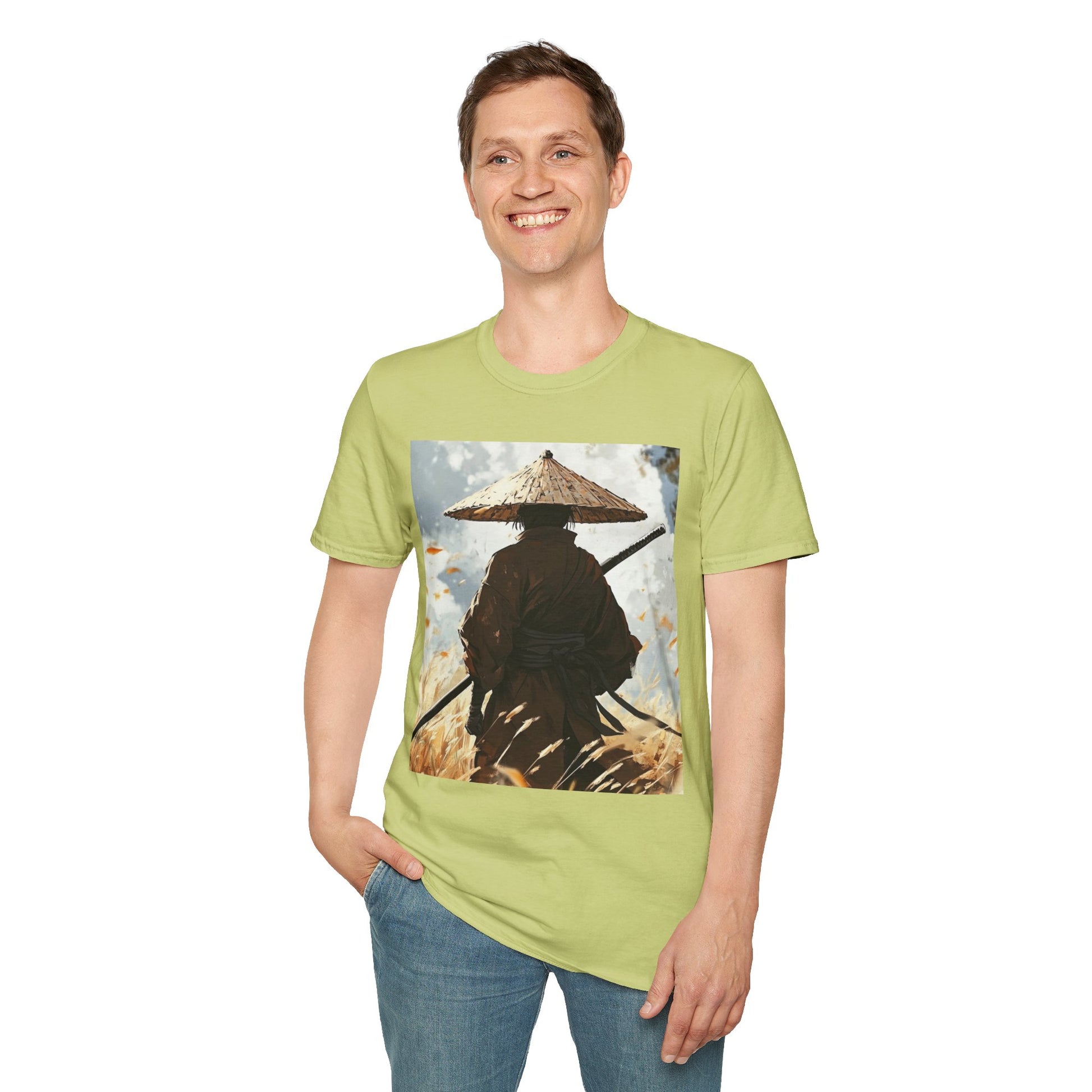 Vagabond Samurai Tee -  samurai vagabond japanese culture anime shirt graphic tee unisex Vagabond Swordsman Tee – Lone samurai in windswept field with katana and falling autumn leaves