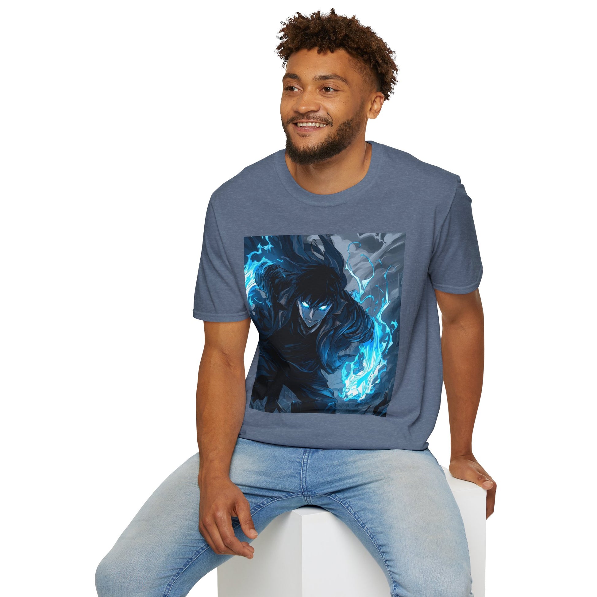 Solo Leveling Shadow Monarch Tee -  solo leveling sung jin woo shadow monarch anime shirt graphic tee unisex Shadow Monarch Tee – Sung Jin Woo engulfed in blue flames with glowing eyes