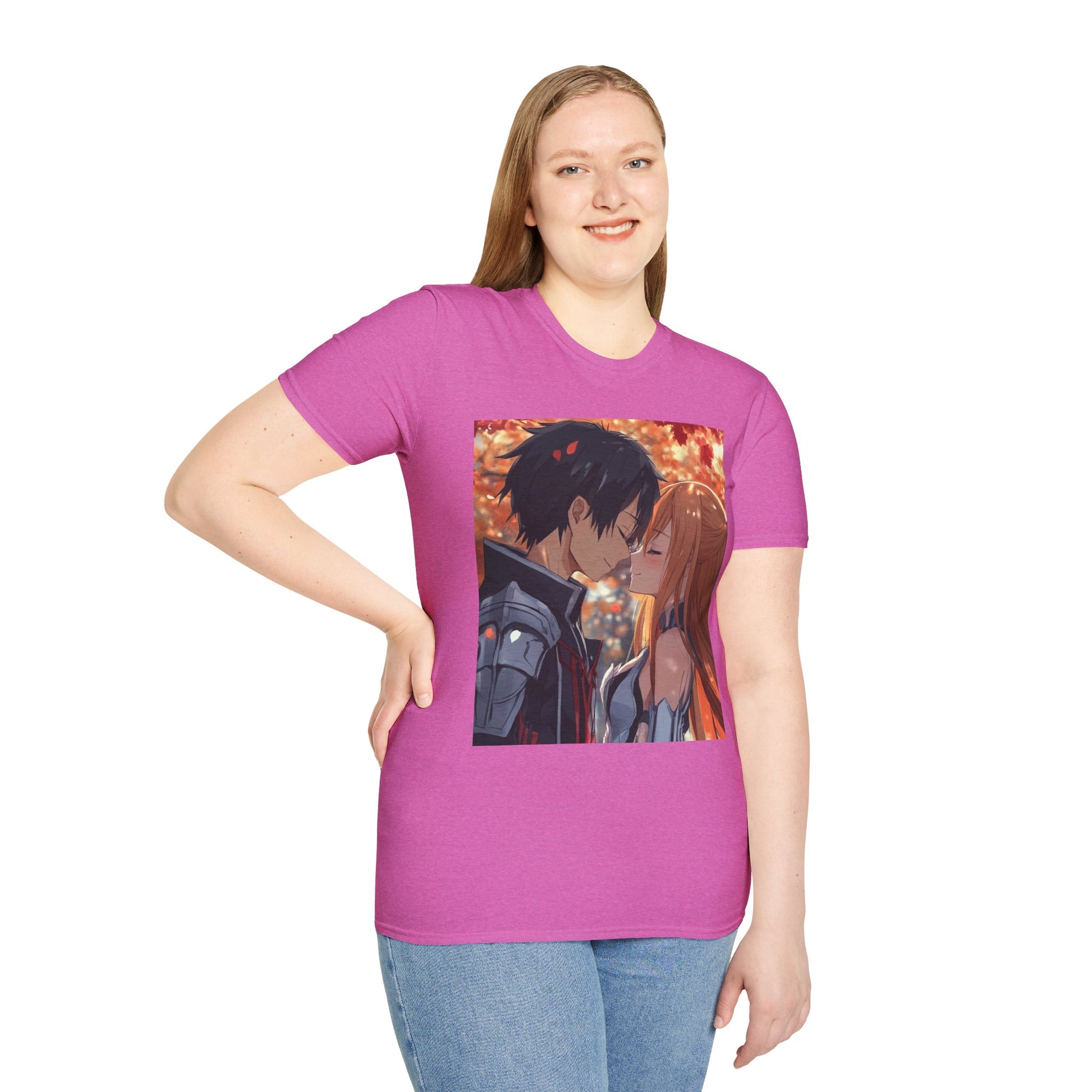 Black Knight Fantasy Tee -  fantasy romance black knight anime shirt graphic tee unisex Black Knight & Golden Flash Tee – Kirito and Asuna under autumn leaves