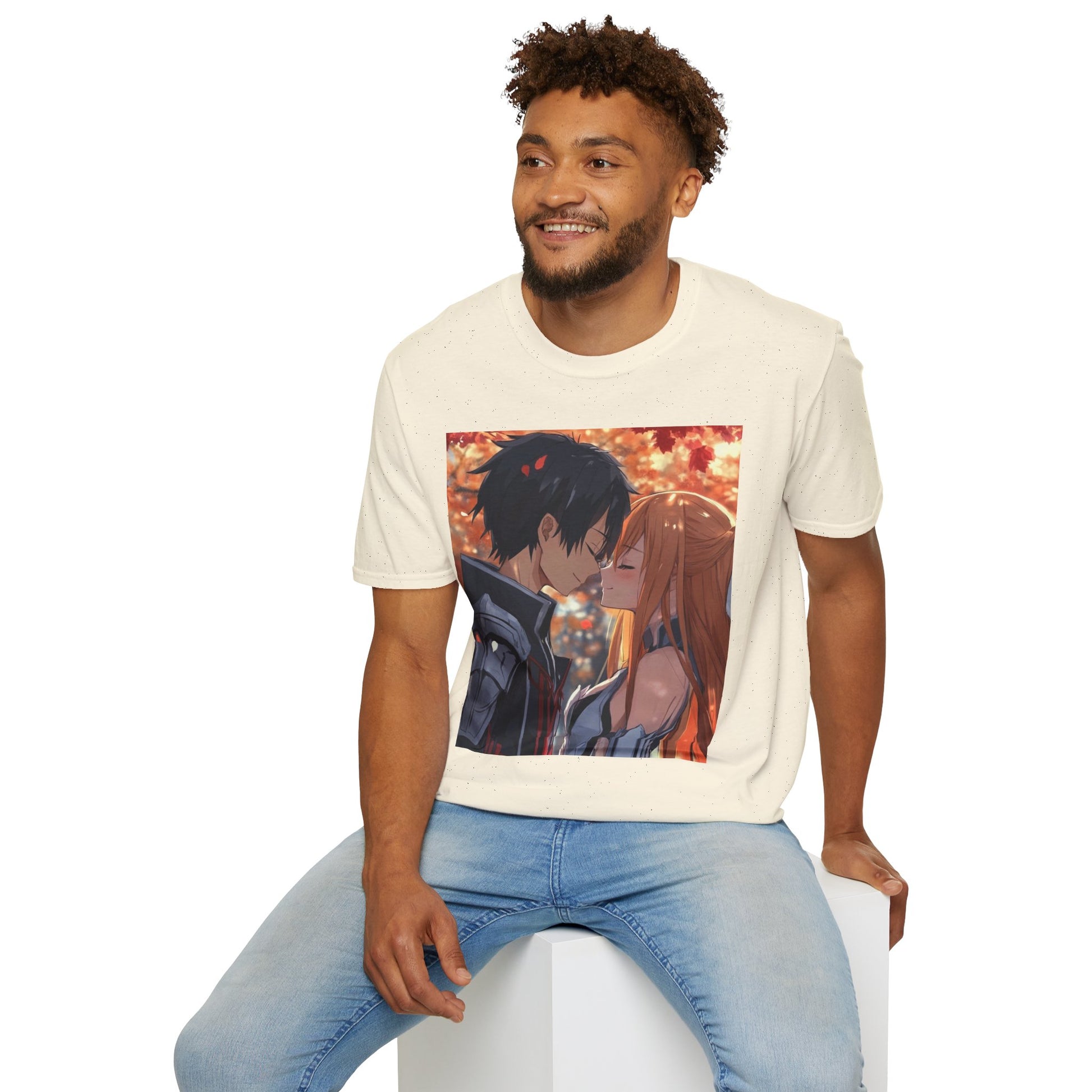 Black Knight Fantasy Tee -  fantasy romance black knight anime shirt graphic tee unisex Black Knight & Golden Flash Tee – Kirito and Asuna under autumn leaves