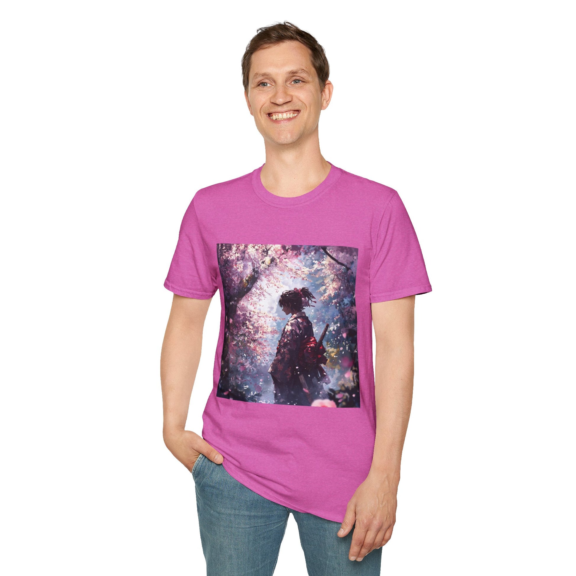 Cherry Blossom Warrior Tee -  samurai cherry blossom japanese culture anime shirt graphic tee unisex Cherry Blossom Samurai Tee – Ornate samurai beneath pink blossoms with katana sheathed