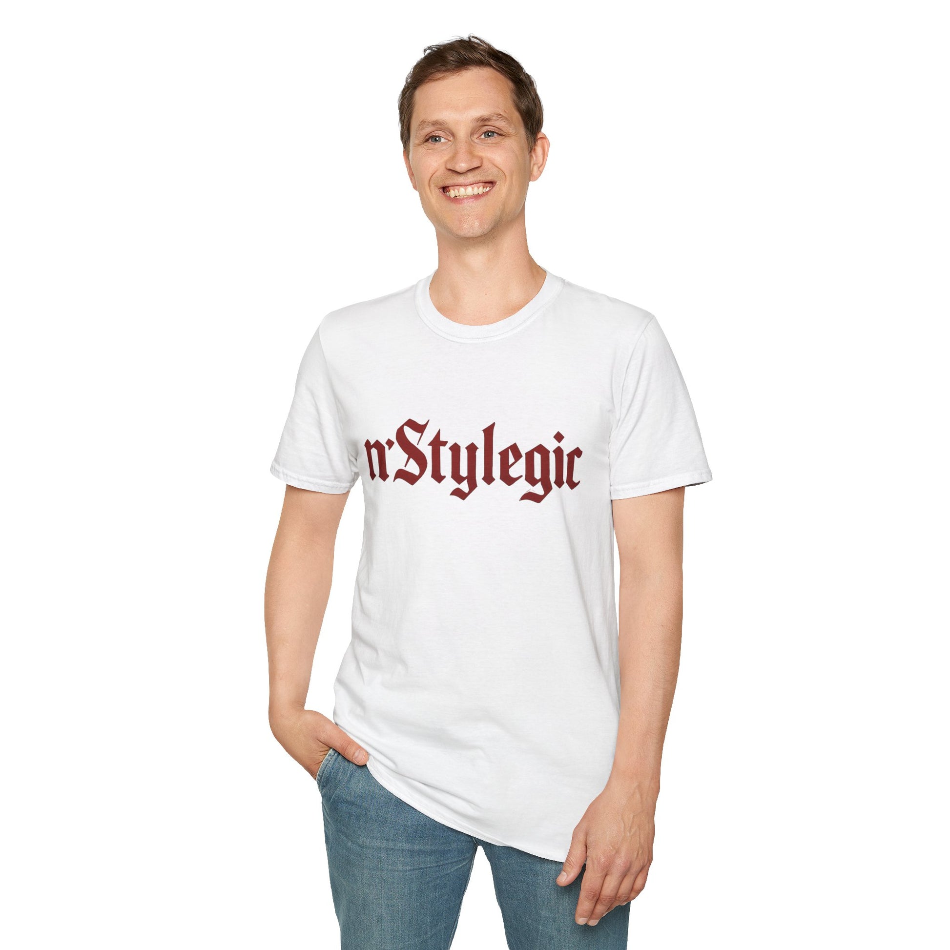 n’Stylegic Logo Streetwear Tee -  logo tee streetwear minimalist graphic tee unisex n’Stylegic Logo Tee – Gothic red logo on minimalist black shirt streetwear branding