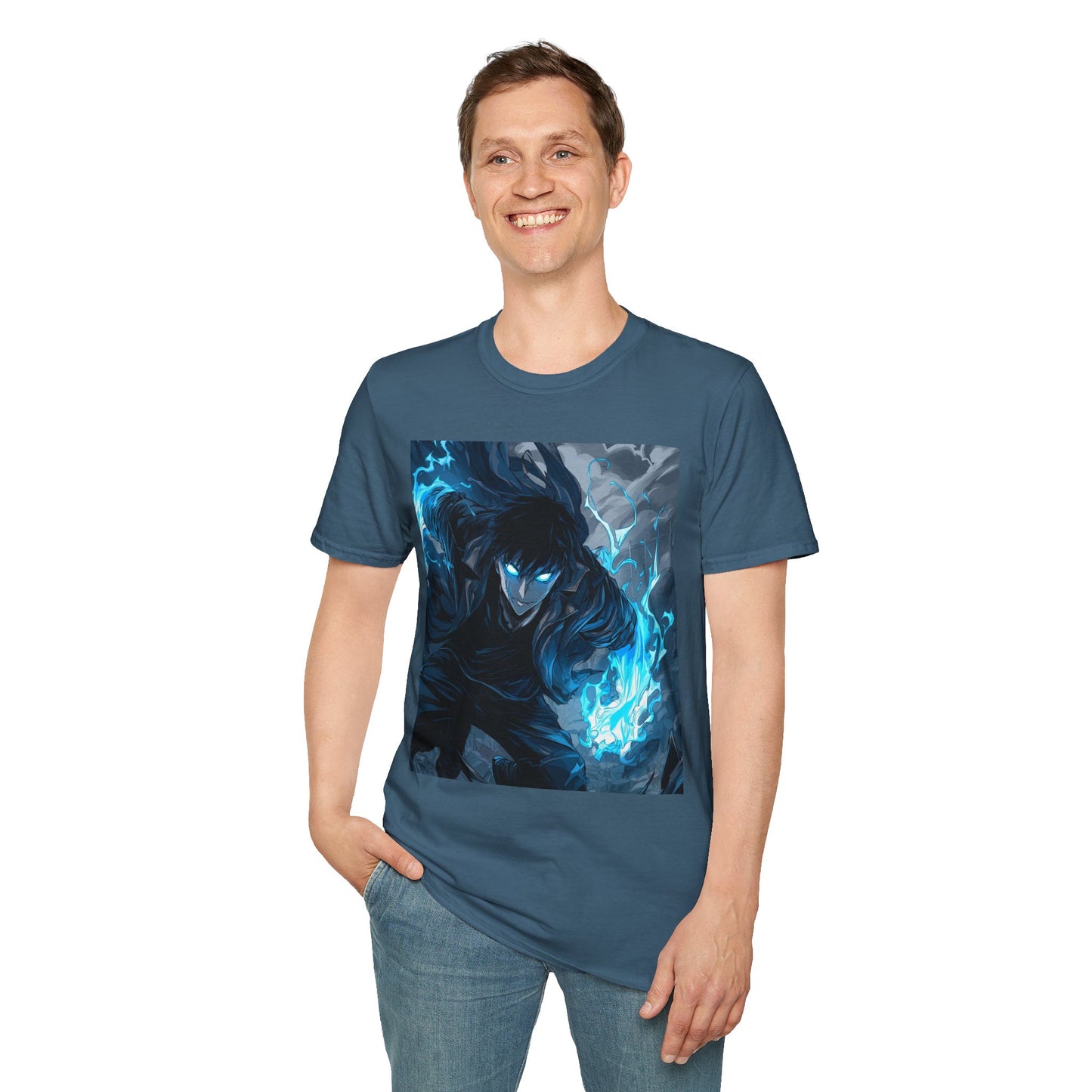 Solo Leveling Shadow Monarch Tee - solo leveling sung jin woo shadow monarch anime shirt graphic tee unisex Shadow Monarch Tee – Sung Jin Woo engulfed in blue flames with glowing eyes