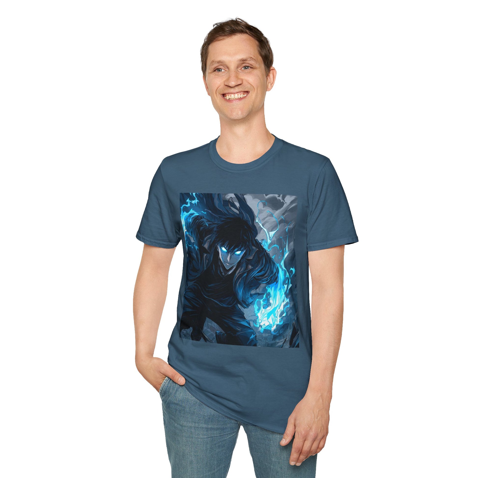 Solo Leveling Shadow Monarch Tee -  solo leveling sung jin woo shadow monarch anime shirt graphic tee unisex Shadow Monarch Tee – Sung Jin Woo engulfed in blue flames with glowing eyes
