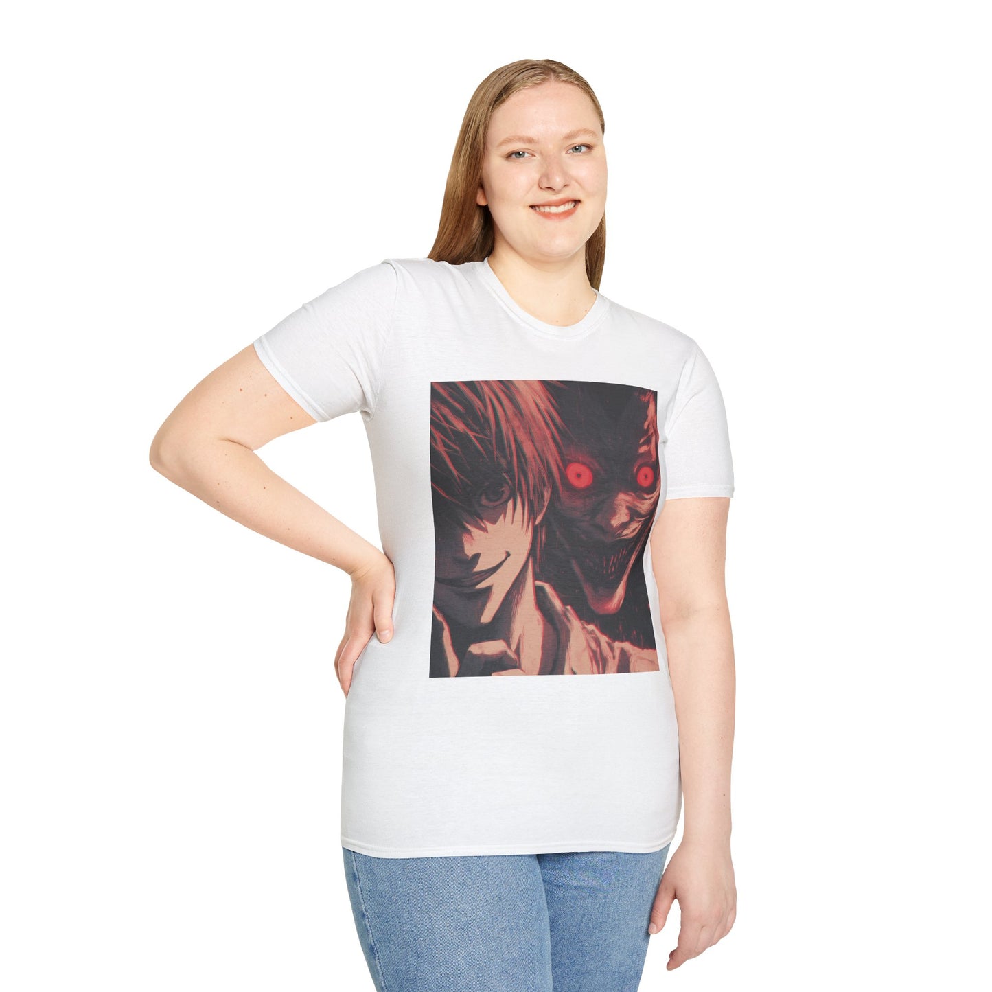 Light Yagami Crimson Tee - death note light yagami anime shirt graphic tee unisex Crimson Light Tee – Light Yagami in crimson and black, evoking Kira’s quiet intensity with the shinigami Ryuk gazing over his shoulder