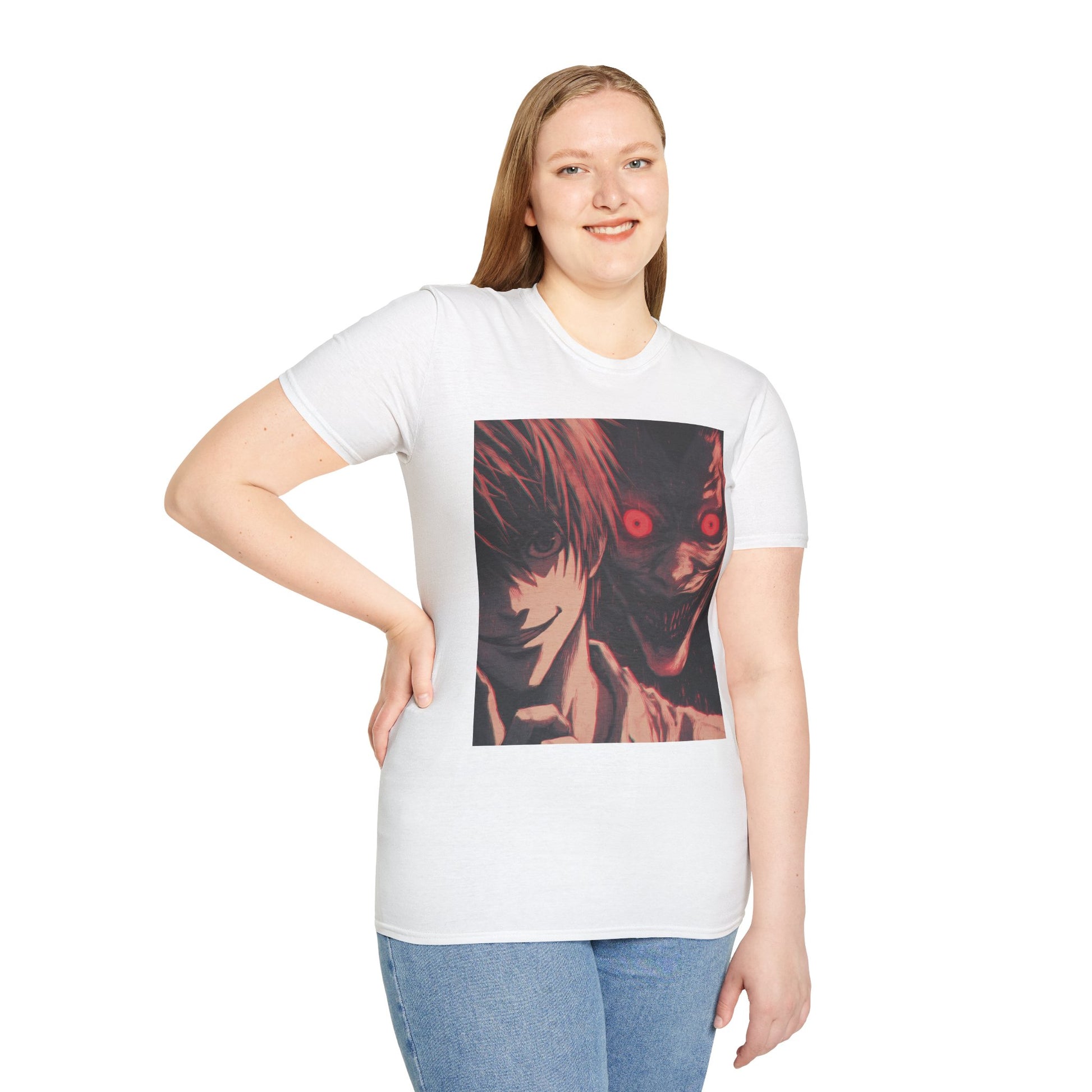 Light Yagami Crimson Tee -  death note light yagami anime shirt graphic tee unisex Crimson Light Tee – Light Yagami in crimson and black, evoking Kira’s quiet intensity with the shinigami Ryuk  gazing over his shoulder