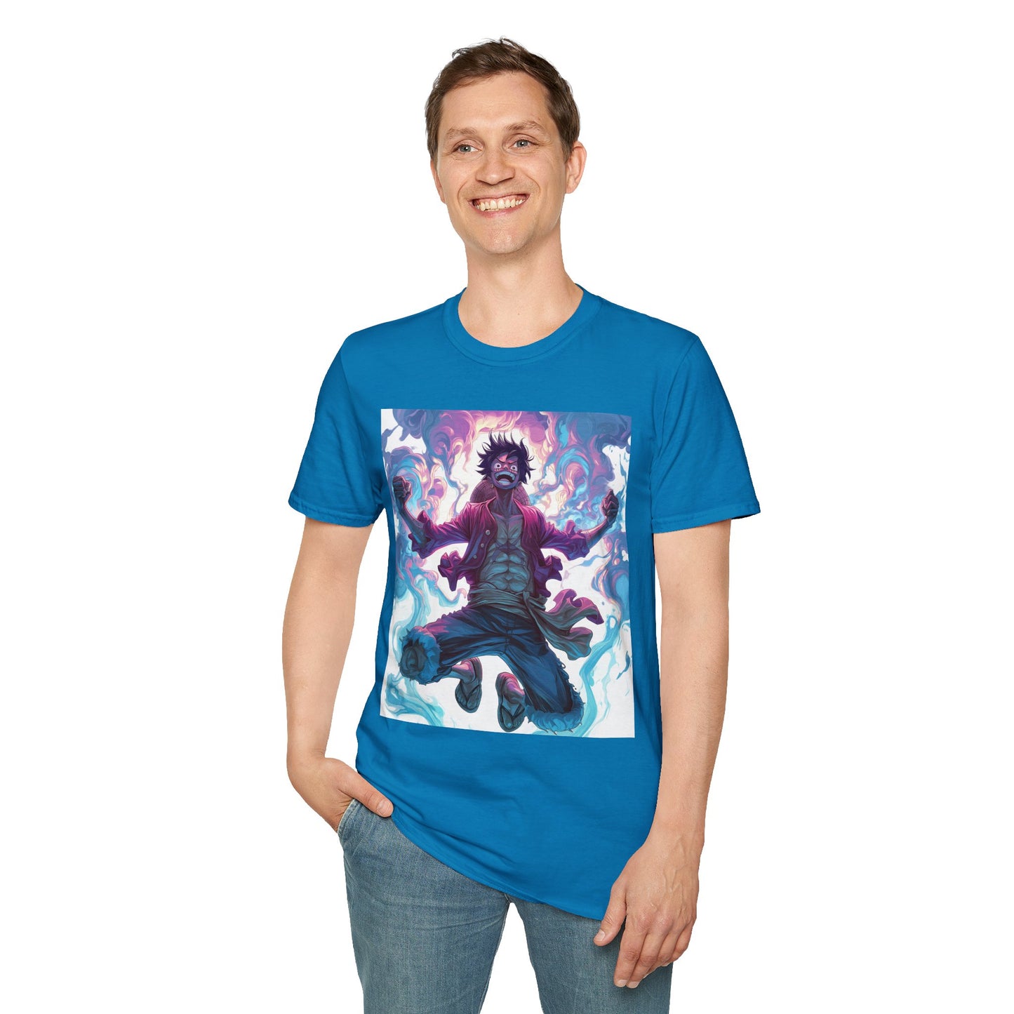 Luffy Pirate King Tee - one piece luffy pirate king anime shirt graphic tee unisex King of the Pirates Tee – Luffy mid-air with red shirt, fists clenched and cosmic energy