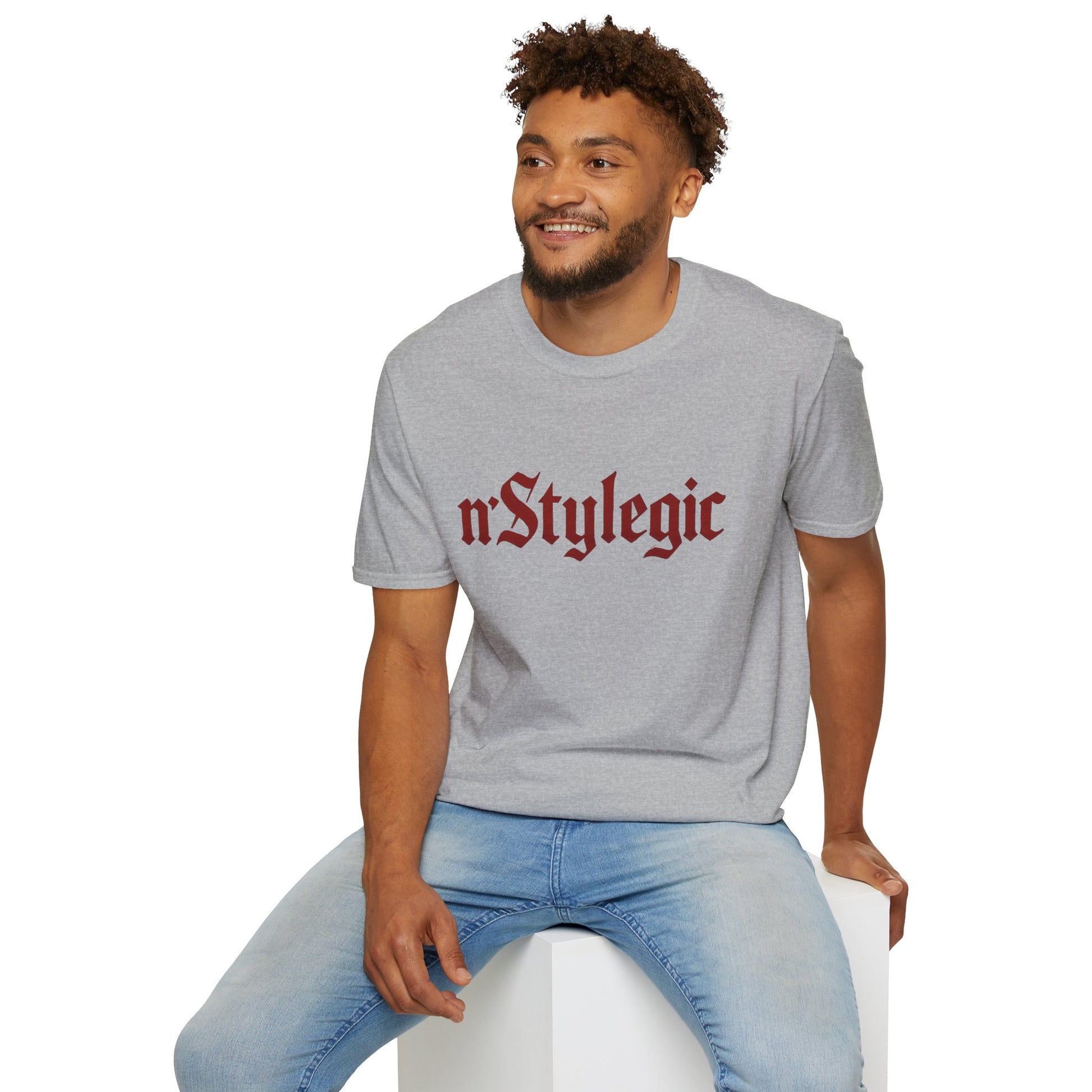 n’Stylegic Logo Streetwear Tee -  logo tee streetwear minimalist graphic tee unisex n’Stylegic Logo Tee – Gothic red logo on minimalist black shirt streetwear branding