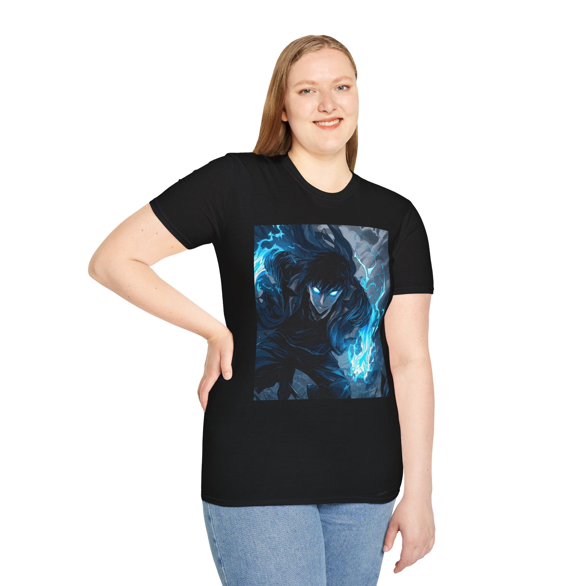 Solo Leveling Shadow Monarch Tee -  solo leveling sung jin woo shadow monarch anime shirt graphic tee unisex Shadow Monarch Tee – Sung Jin Woo engulfed in blue flames with glowing eyes