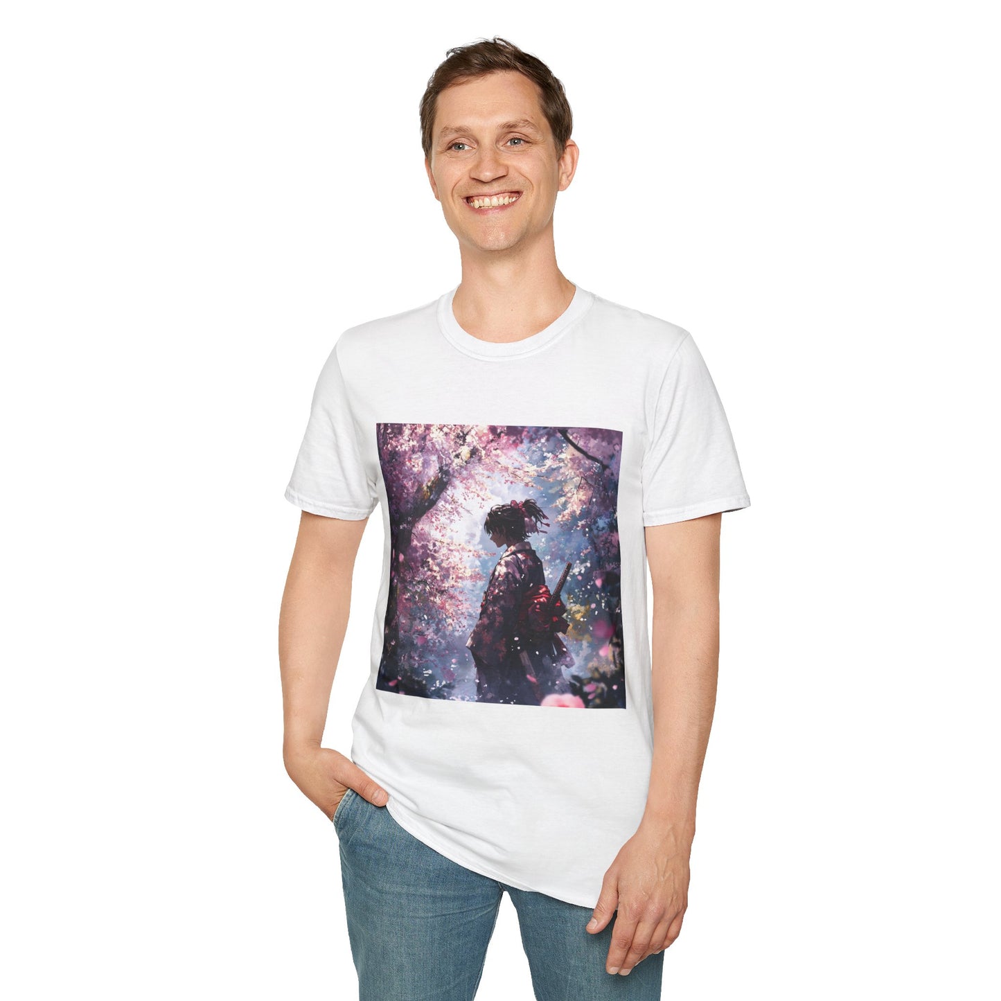 Cherry Blossom Warrior Tee - samurai cherry blossom japanese culture anime shirt graphic tee unisex Cherry Blossom Samurai Tee – Ornate samurai beneath pink blossoms with katana sheathed