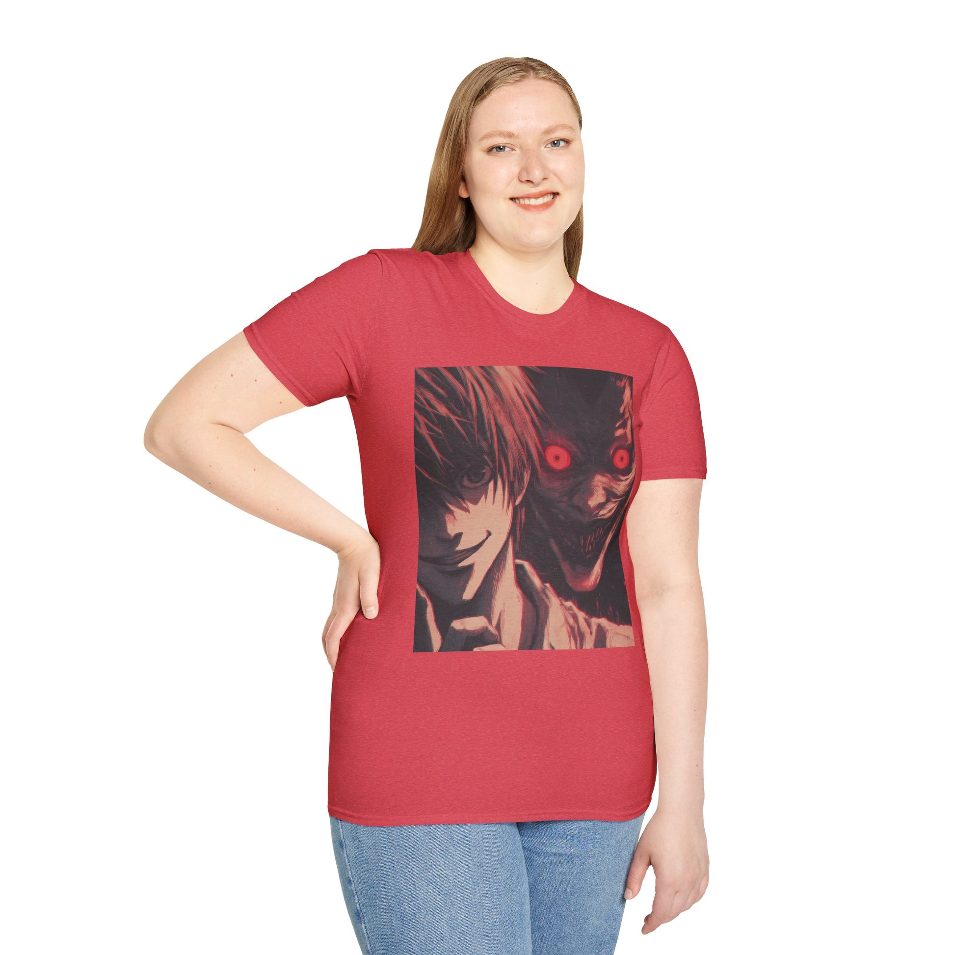Light Yagami Crimson Tee -  death note light yagami anime shirt graphic tee unisex Crimson Light Tee – Light Yagami in crimson and black, evoking Kira’s quiet intensity with the shinigami Ryuk  gazing over his shoulder