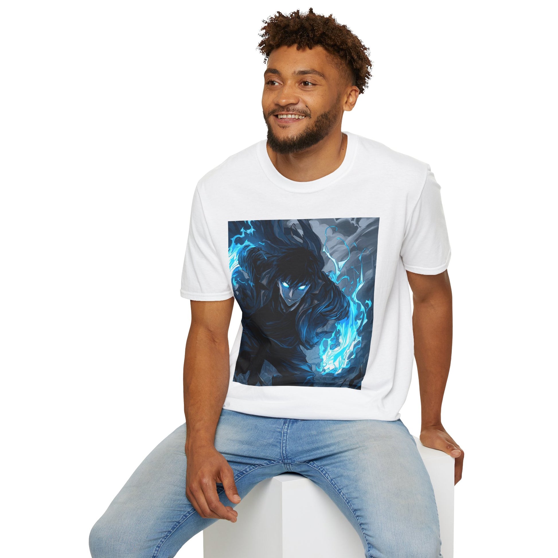 Solo Leveling Shadow Monarch Tee -  solo leveling sung jin woo shadow monarch anime shirt graphic tee unisex Shadow Monarch Tee – Sung Jin Woo engulfed in blue flames with glowing eyes