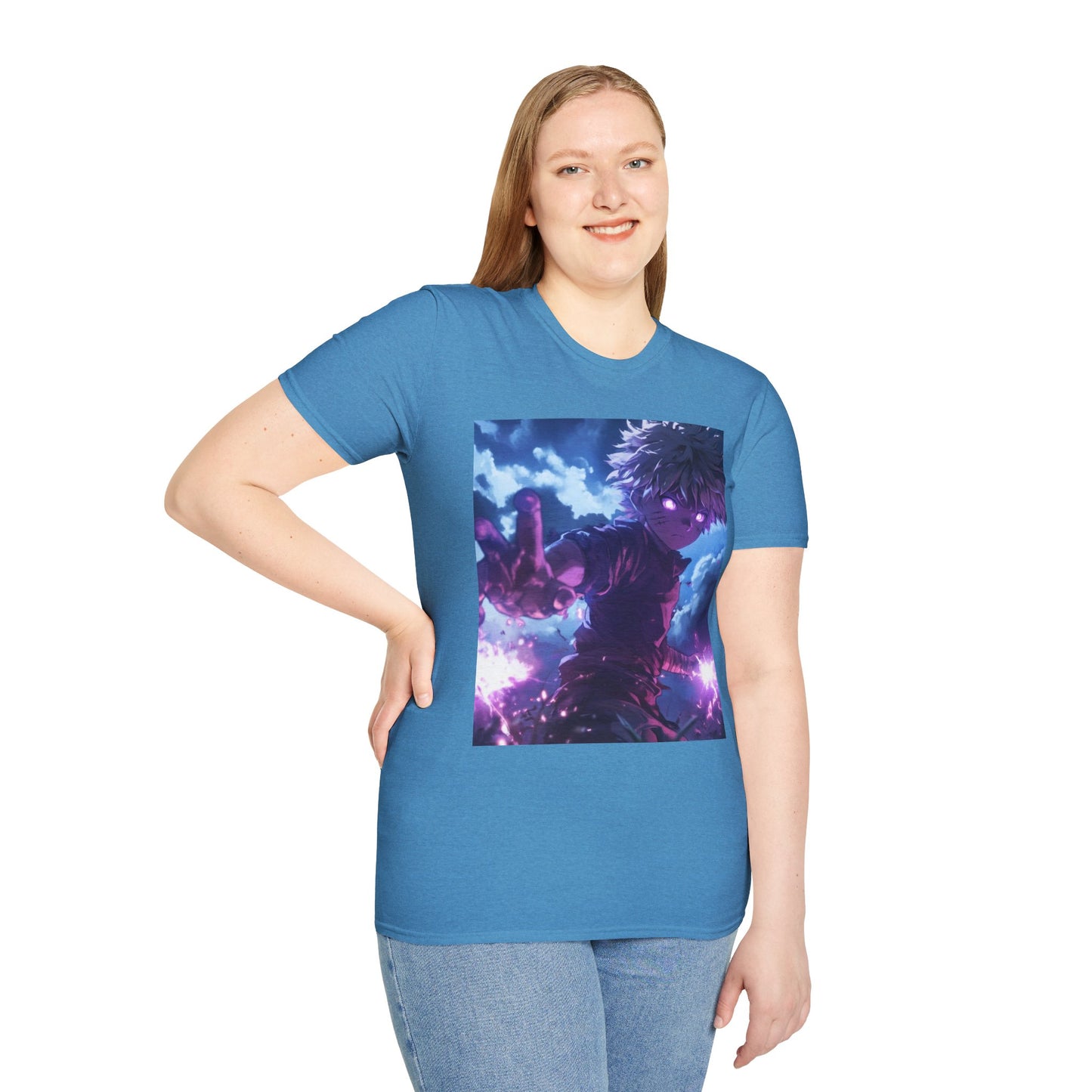Killua Voltage Anime Tee - hunter x hunter killua anime shirt graphic tee unisex Killua Voltage Tee – Killua Zoldyck mid-lightning strike with glowing eyes and stormy backdrop