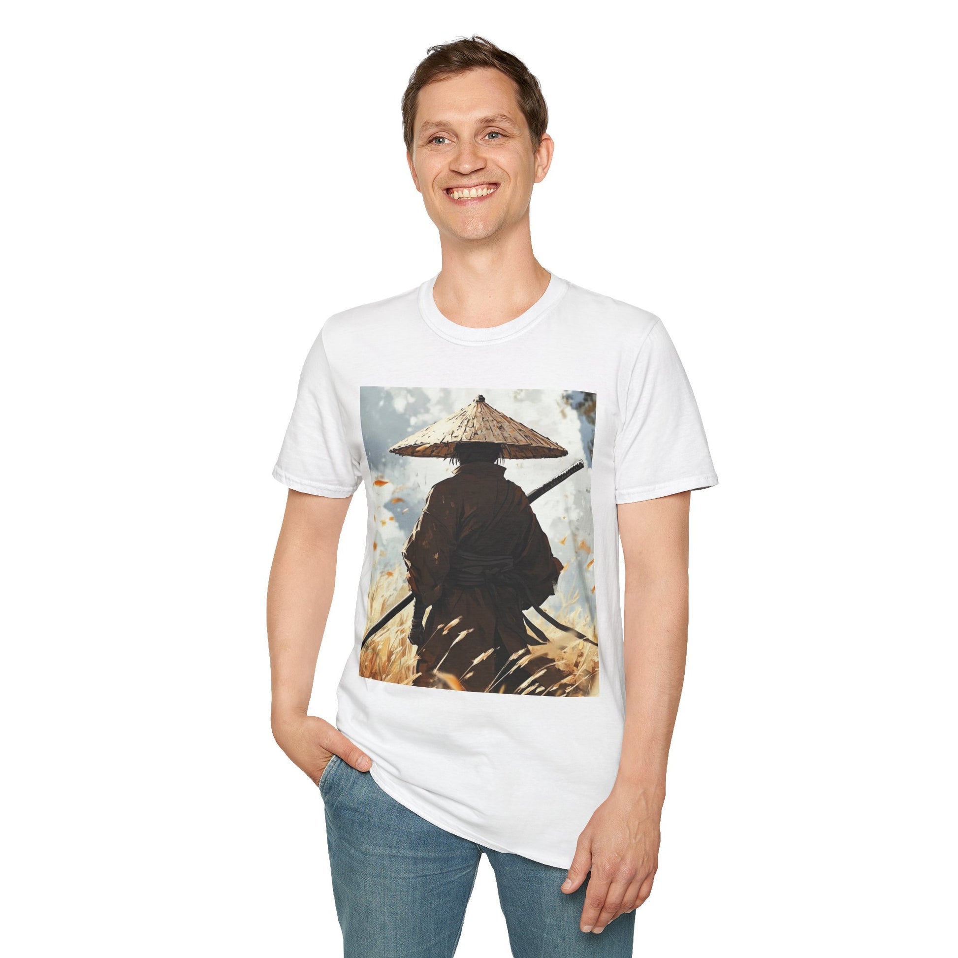 Vagabond Samurai Tee -  samurai vagabond japanese culture anime shirt graphic tee unisex Vagabond Swordsman Tee – Lone samurai in windswept field with katana and falling autumn leaves