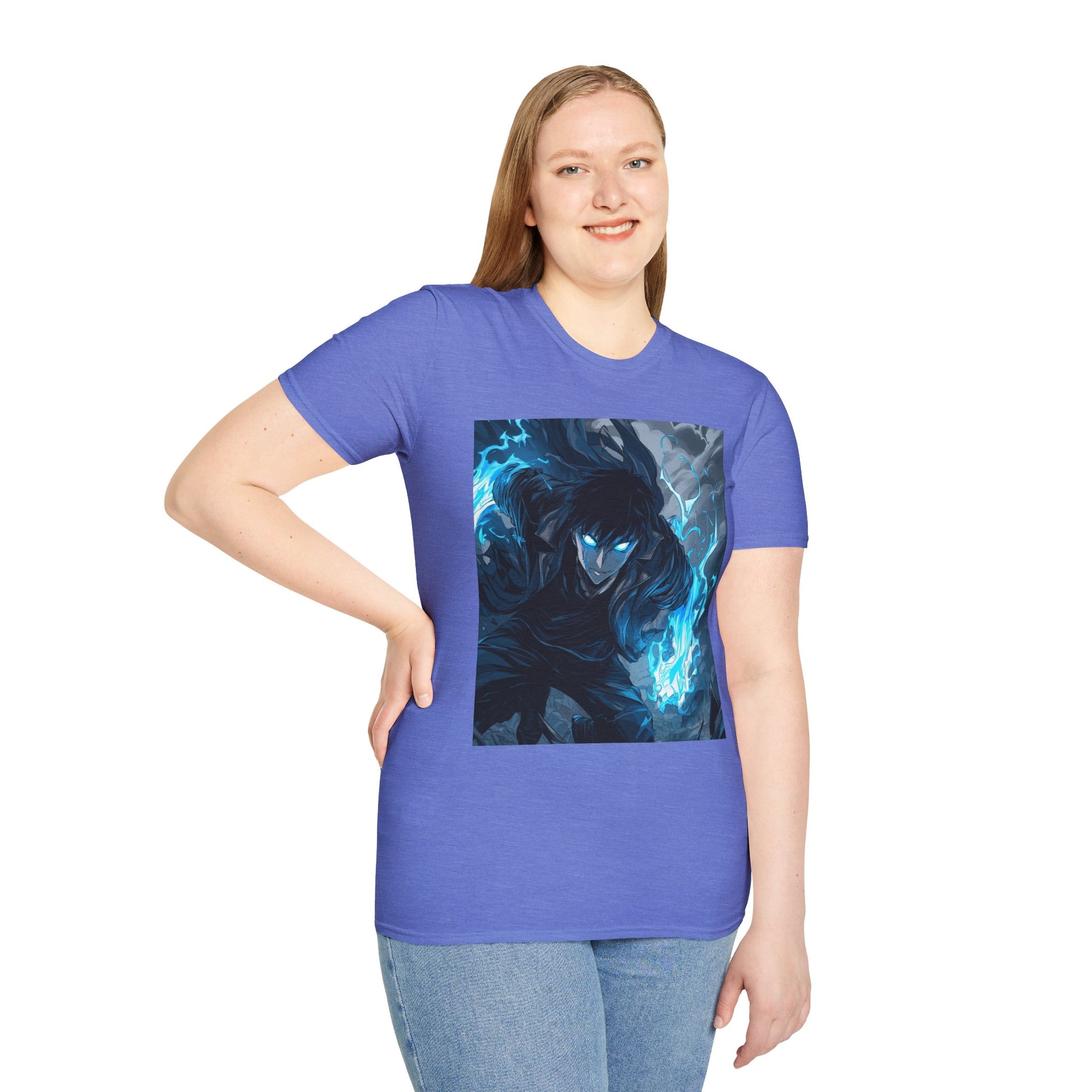 Solo Leveling Shadow Monarch Tee -  solo leveling sung jin woo shadow monarch anime shirt graphic tee unisex Shadow Monarch Tee – Sung Jin Woo engulfed in blue flames with glowing eyes