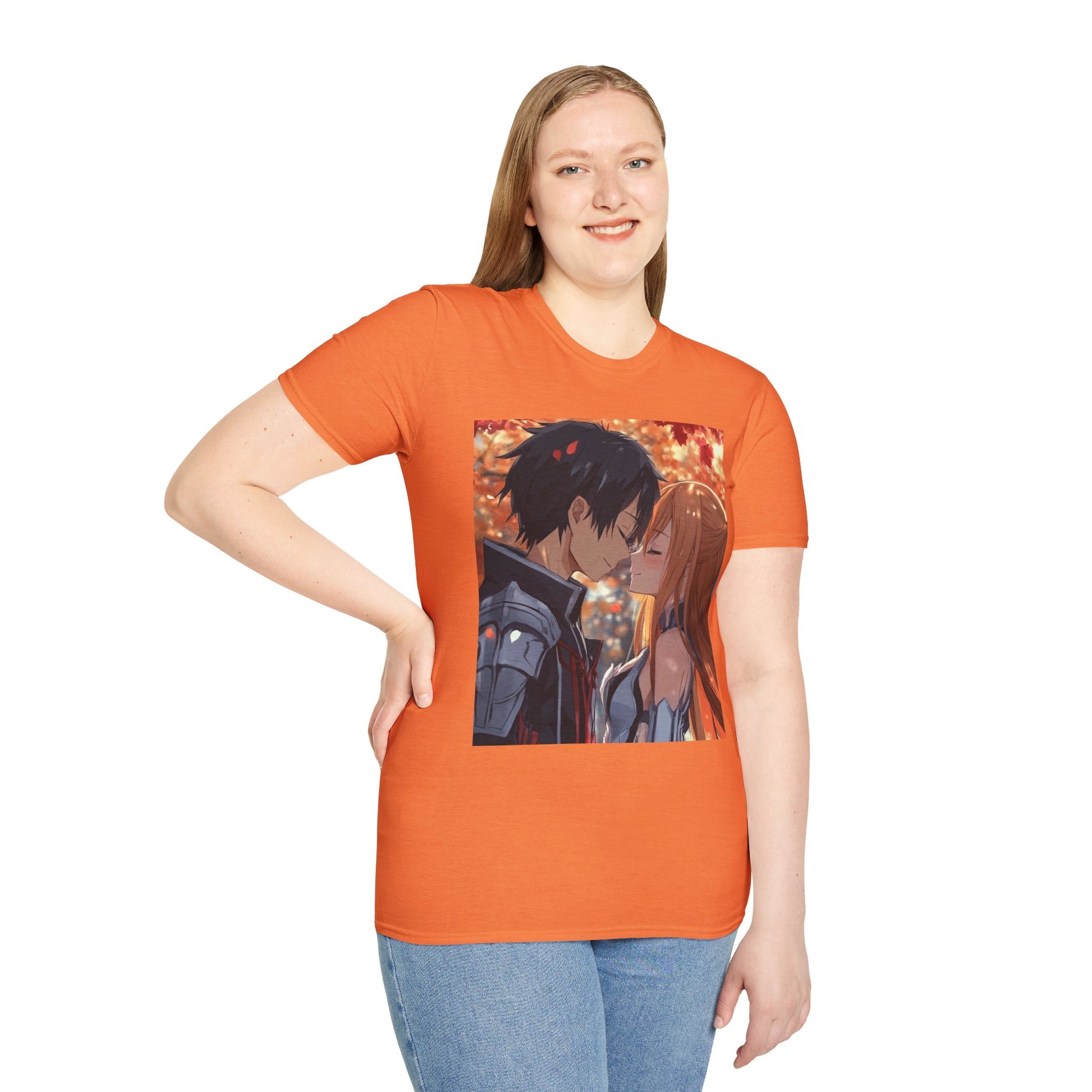 Black Knight Fantasy Tee -  fantasy romance black knight anime shirt graphic tee unisex Black Knight & Golden Flash Tee – Kirito and Asuna under autumn leaves