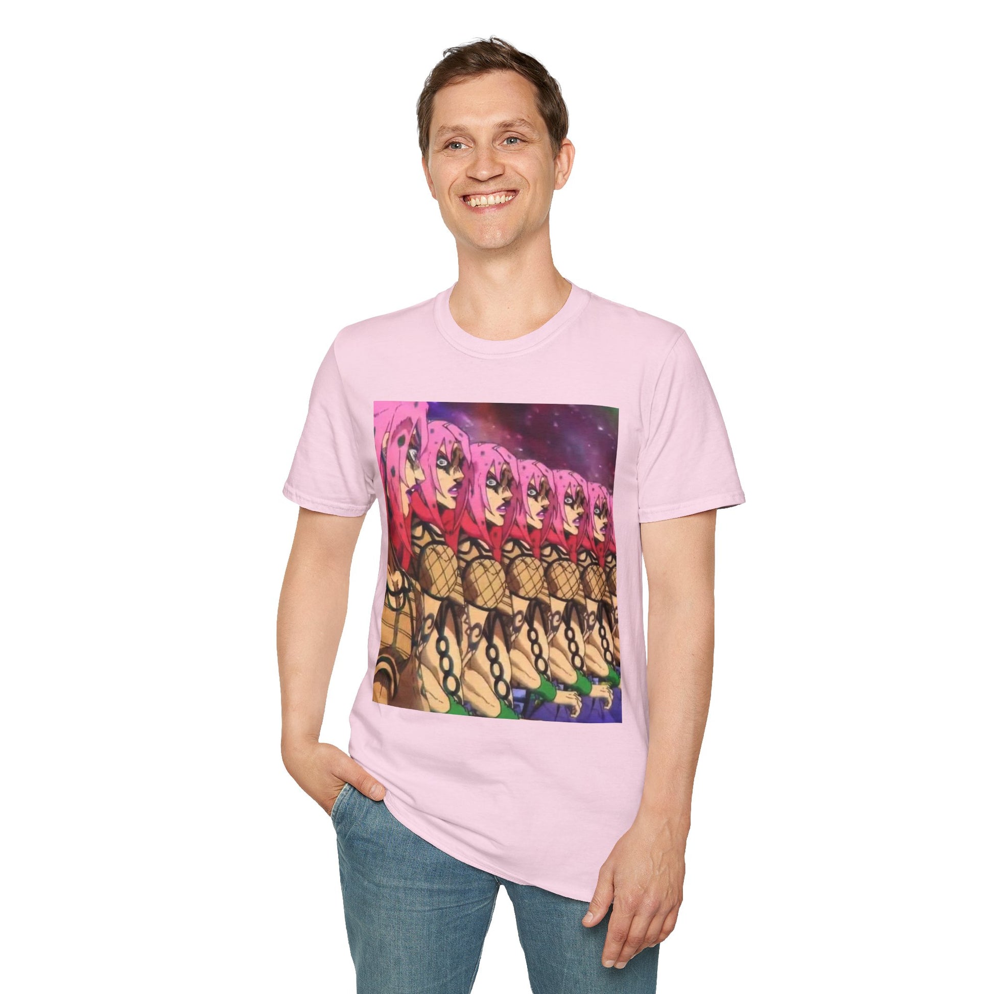 Diavolo Infinite Loop Tee -  jojo diavolo king crimson anime shirt graphic tee unisex Diavolo Death Loop Tee – Diavolo caught in cosmic loop with pink hair and cryptic tattoos