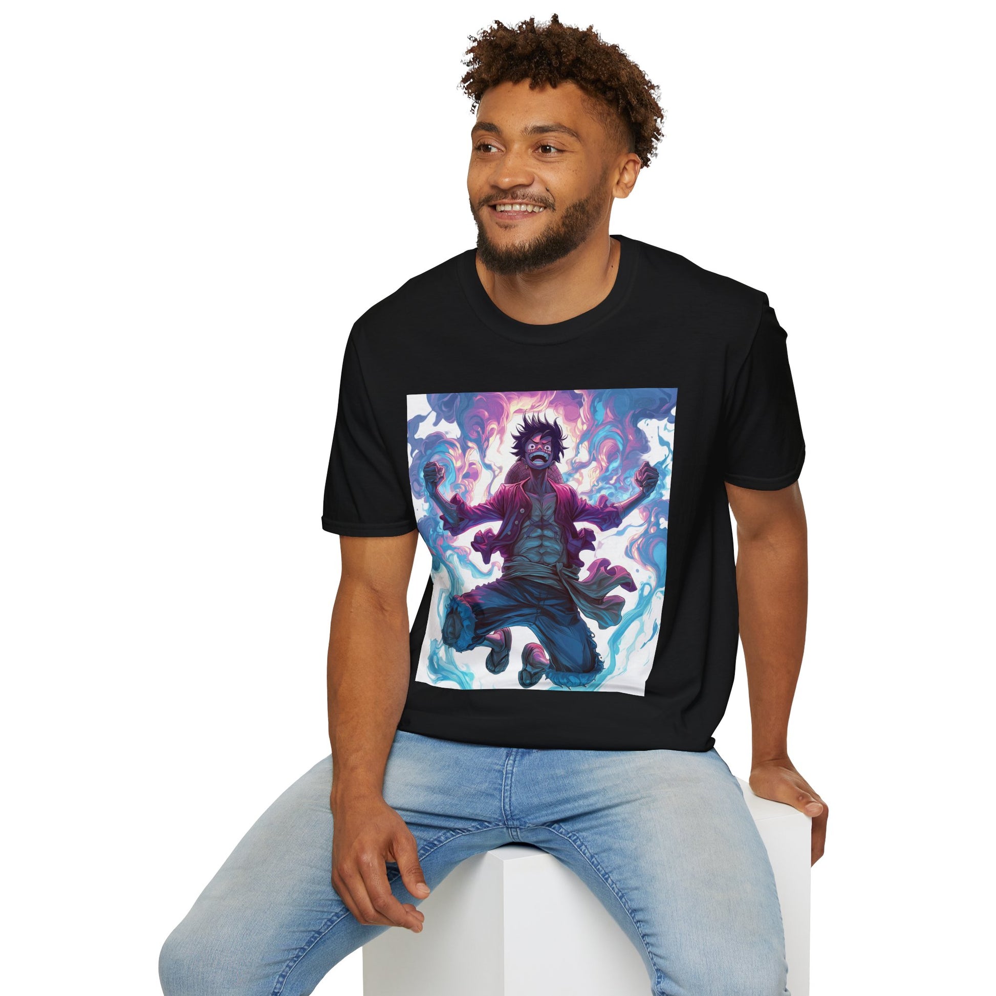 Luffy Pirate King Tee -  one piece luffy pirate king anime shirt graphic tee unisex King of the Pirates Tee – Luffy mid-air with red shirt, fists clenched and cosmic energy