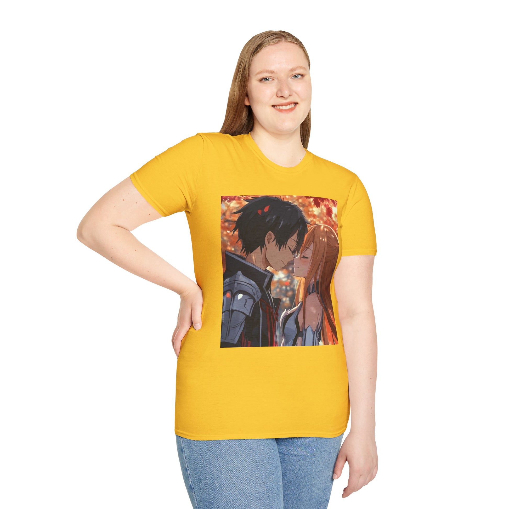 Black Knight Fantasy Tee -  fantasy romance black knight anime shirt graphic tee unisex Black Knight & Golden Flash Tee – Kirito and Asuna under autumn leaves