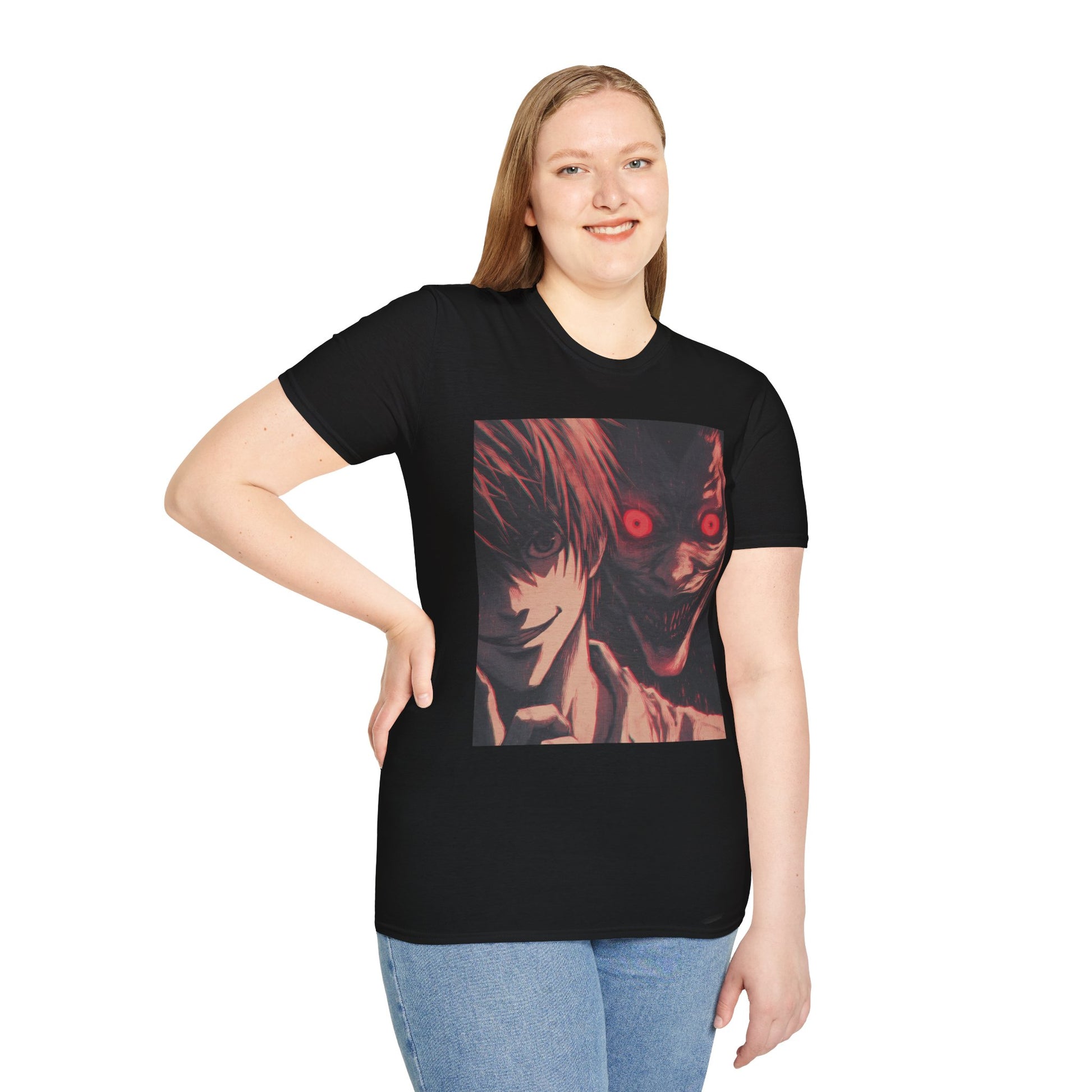 Light Yagami Crimson Tee -  death note light yagami anime shirt graphic tee unisex Crimson Light Tee – Light Yagami in crimson and black, evoking Kira’s quiet intensity with the shinigami Ryuk  gazing over his shoulder