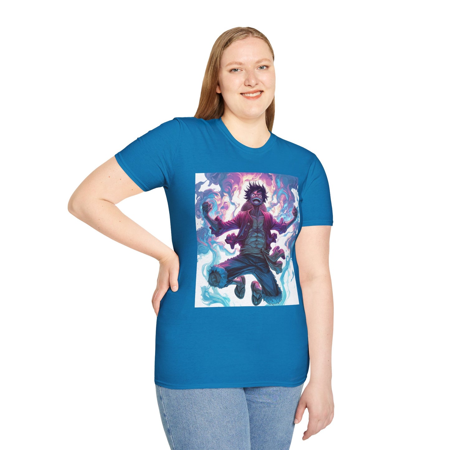 Luffy Pirate King Tee - one piece luffy pirate king anime shirt graphic tee unisex King of the Pirates Tee – Luffy mid-air with red shirt, fists clenched and cosmic energy