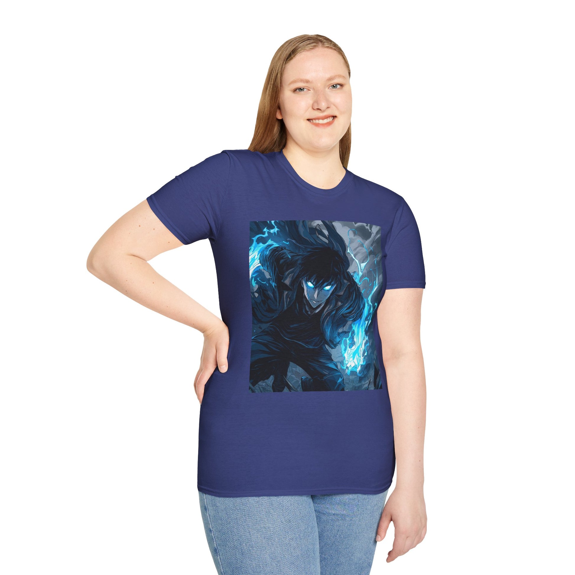 Solo Leveling Shadow Monarch Tee -  solo leveling sung jin woo shadow monarch anime shirt graphic tee unisex Shadow Monarch Tee – Sung Jin Woo engulfed in blue flames with glowing eyes