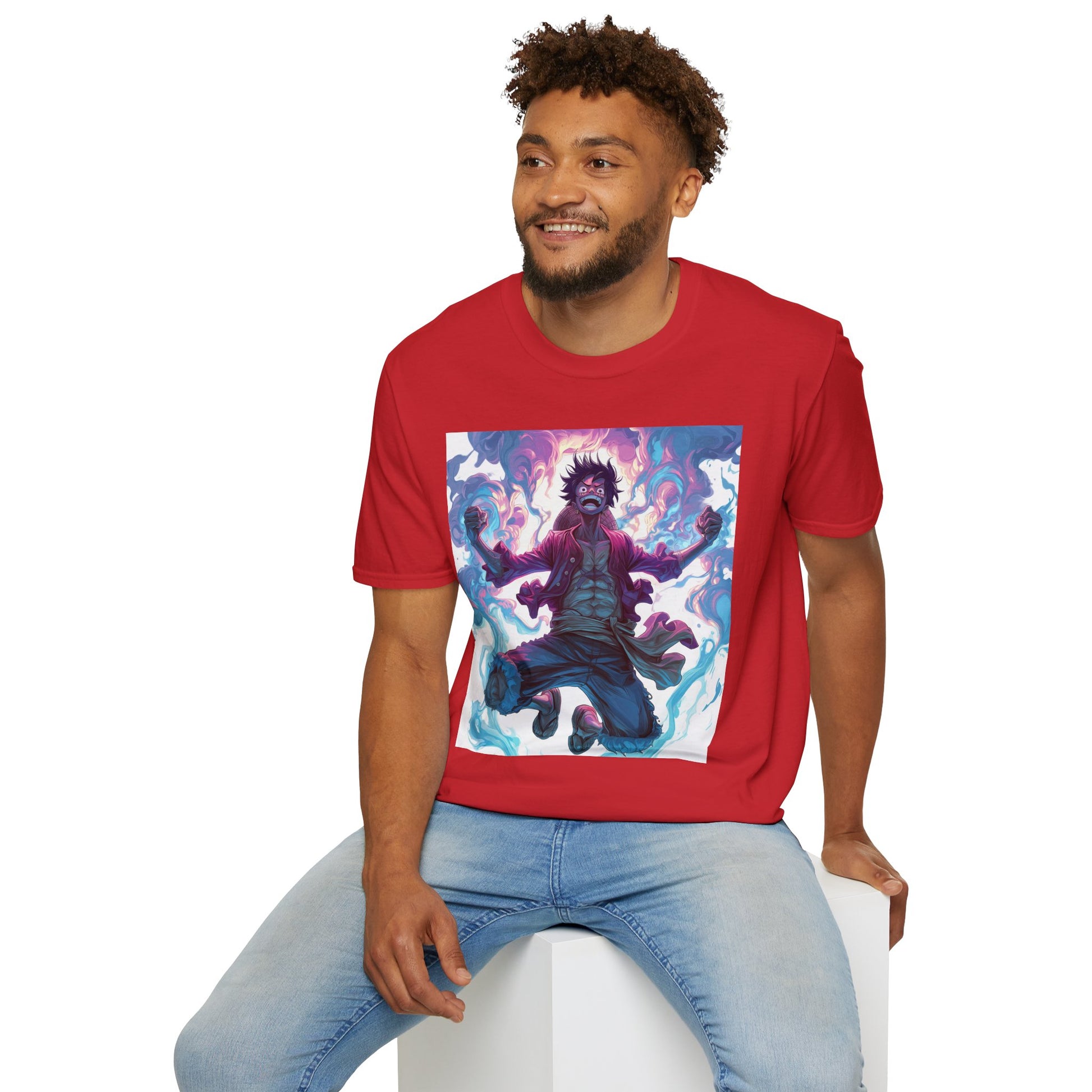 Luffy Pirate King Tee -  one piece luffy pirate king anime shirt graphic tee unisex King of the Pirates Tee – Luffy mid-air with red shirt, fists clenched and cosmic energy