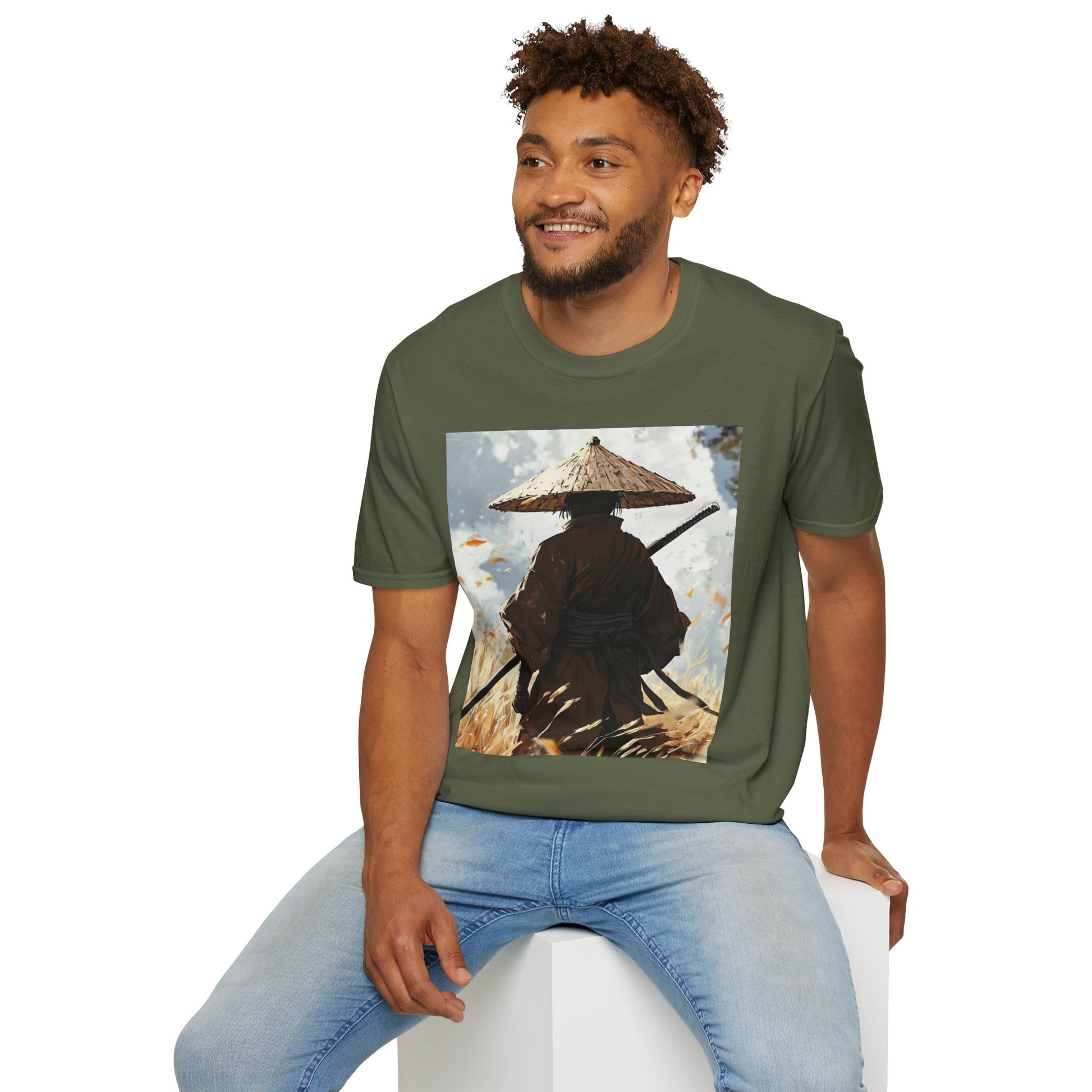 Vagabond Samurai Tee -  samurai vagabond japanese culture anime shirt graphic tee unisex Vagabond Swordsman Tee – Lone samurai in windswept field with katana and falling autumn leaves