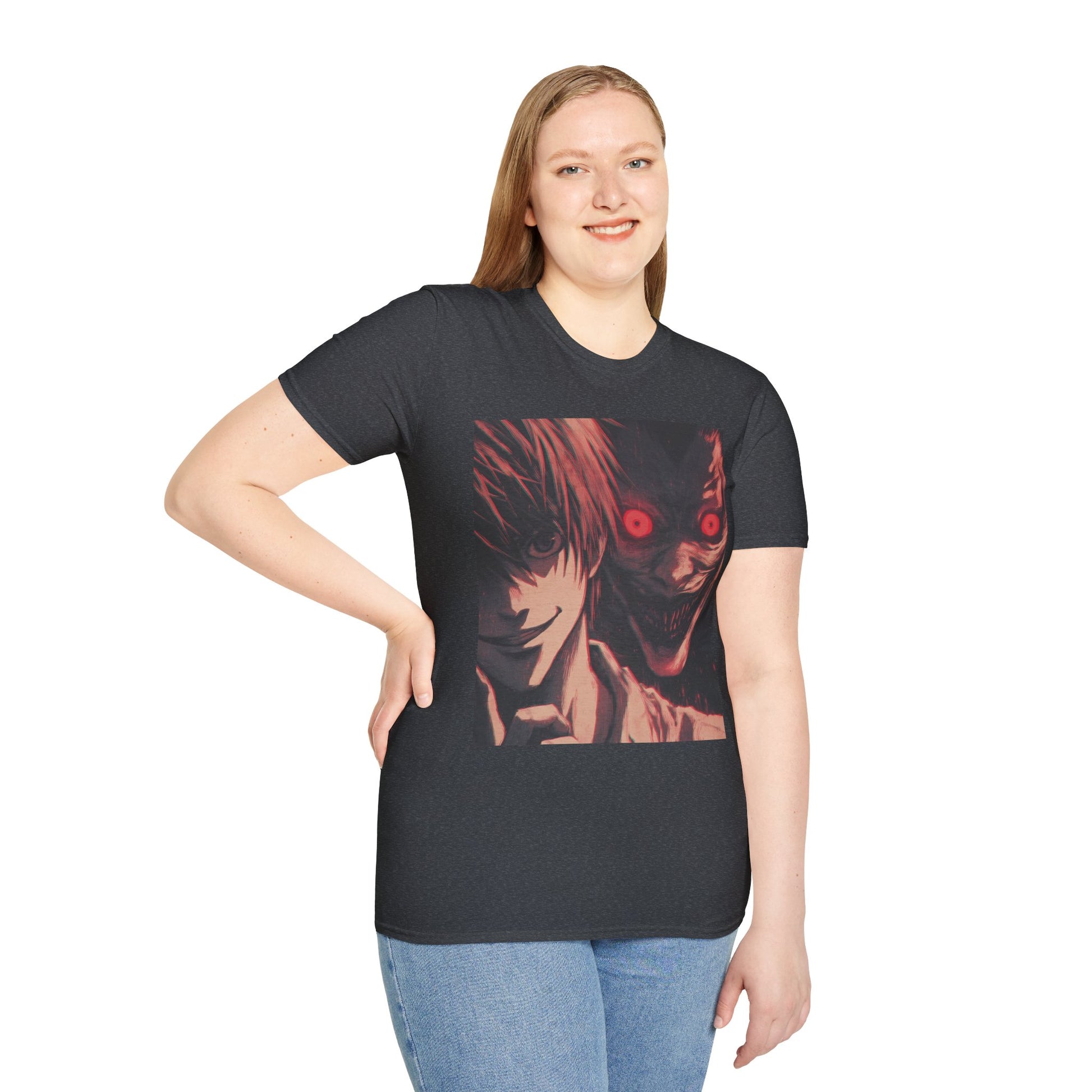 Light Yagami Crimson Tee -  death note light yagami anime shirt graphic tee unisex Crimson Light Tee – Light Yagami in crimson and black, evoking Kira’s quiet intensity with the shinigami Ryuk  gazing over his shoulder