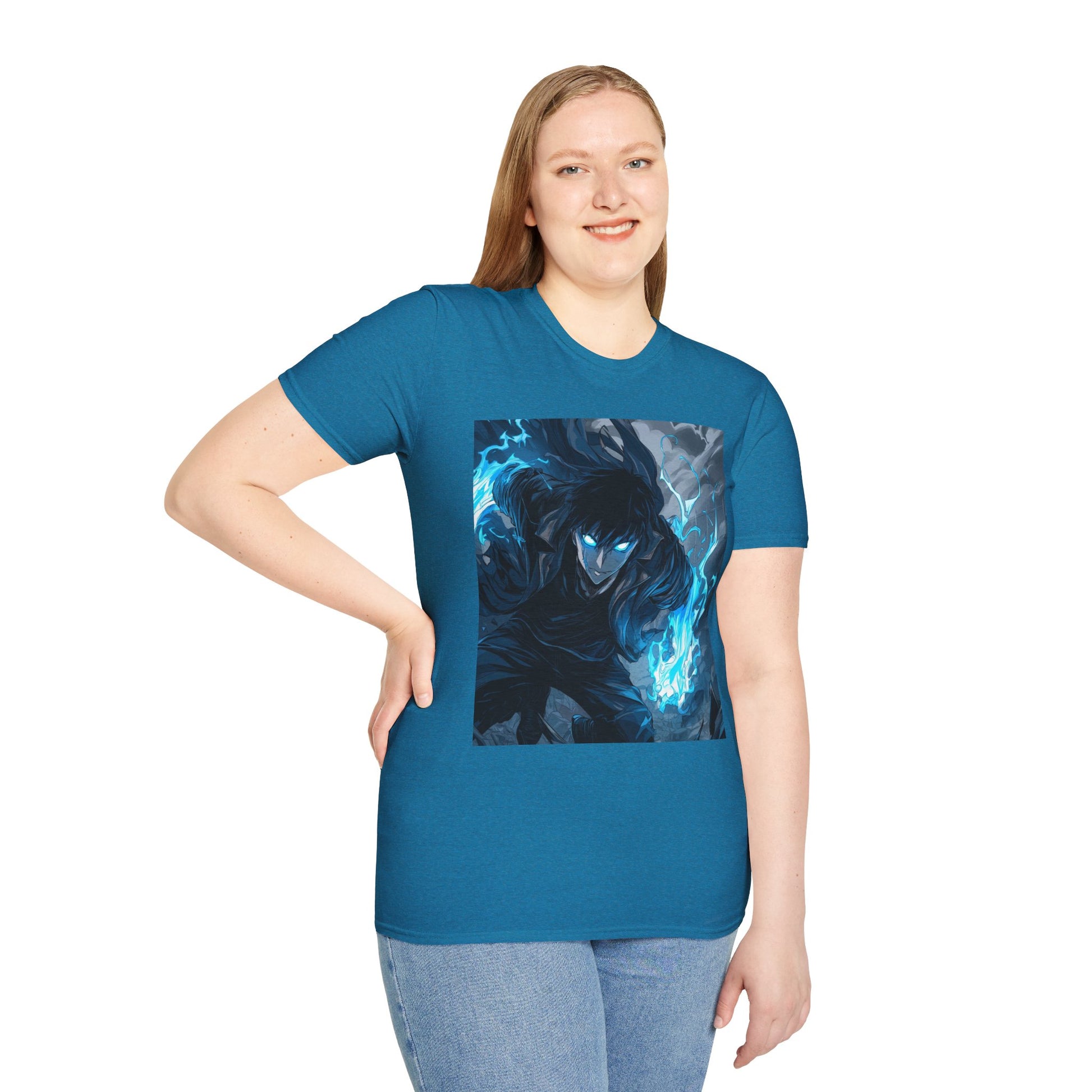 Solo Leveling Shadow Monarch Tee -  solo leveling sung jin woo shadow monarch anime shirt graphic tee unisex Shadow Monarch Tee – Sung Jin Woo engulfed in blue flames with glowing eyes
