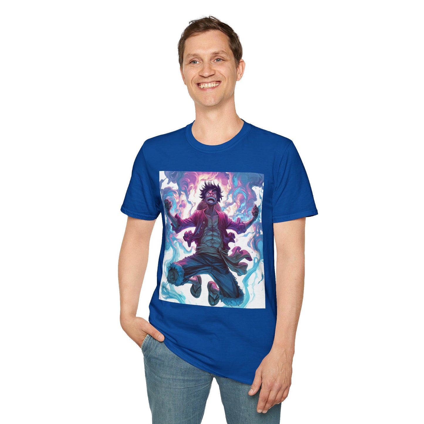 Luffy Pirate King Tee - one piece luffy pirate king anime shirt graphic tee unisex King of the Pirates Tee – Luffy mid-air with red shirt, fists clenched and cosmic energy