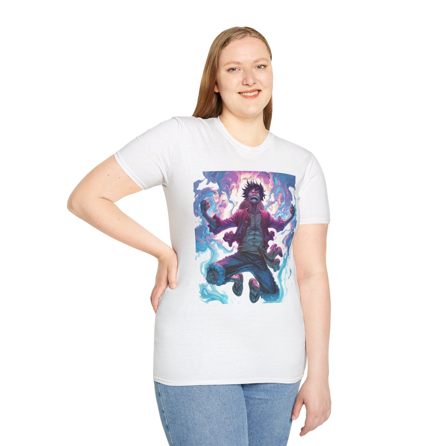 Luffy Pirate King Tee - one piece luffy pirate king anime shirt graphic tee unisex King of the Pirates Tee – Luffy mid-air with red shirt, fists clenched and cosmic energy