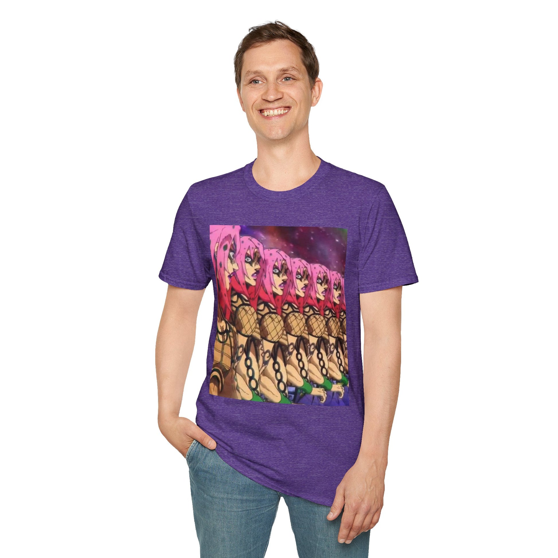 Diavolo Infinite Loop Tee -  jojo diavolo king crimson anime shirt graphic tee unisex Diavolo Death Loop Tee – Diavolo caught in cosmic loop with pink hair and cryptic tattoos