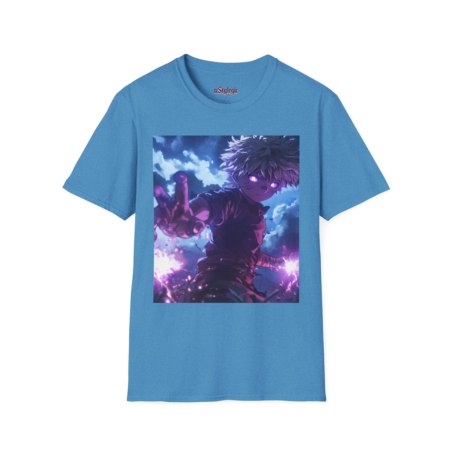 Killua Voltage Anime Tee -  hunter x hunter killua anime shirt graphic tee unisex Killua Voltage Tee – Killua Zoldyck mid-lightning strike with glowing eyes and stormy backdrop