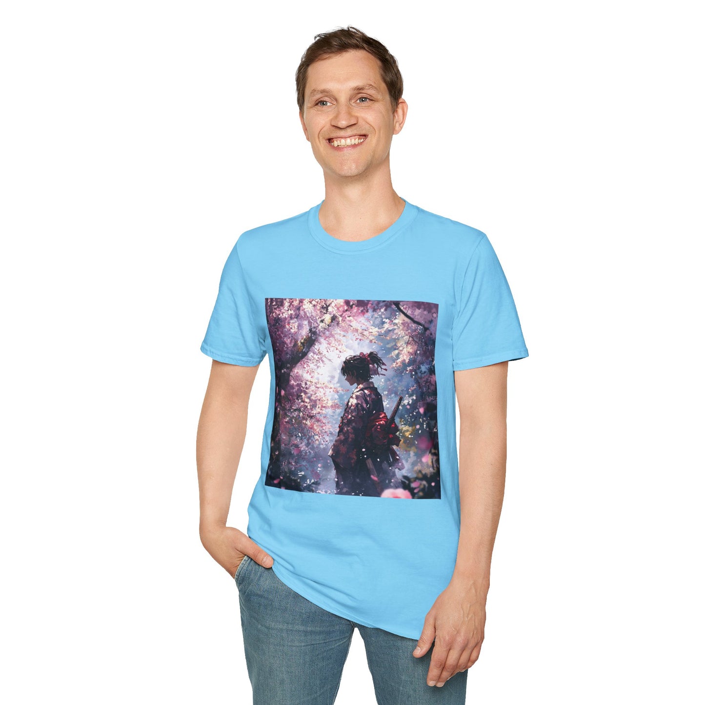 Cherry Blossom Warrior Tee -  samurai cherry blossom japanese culture anime shirt graphic tee unisex Cherry Blossom Samurai Tee – Ornate samurai beneath pink blossoms with katana sheathed