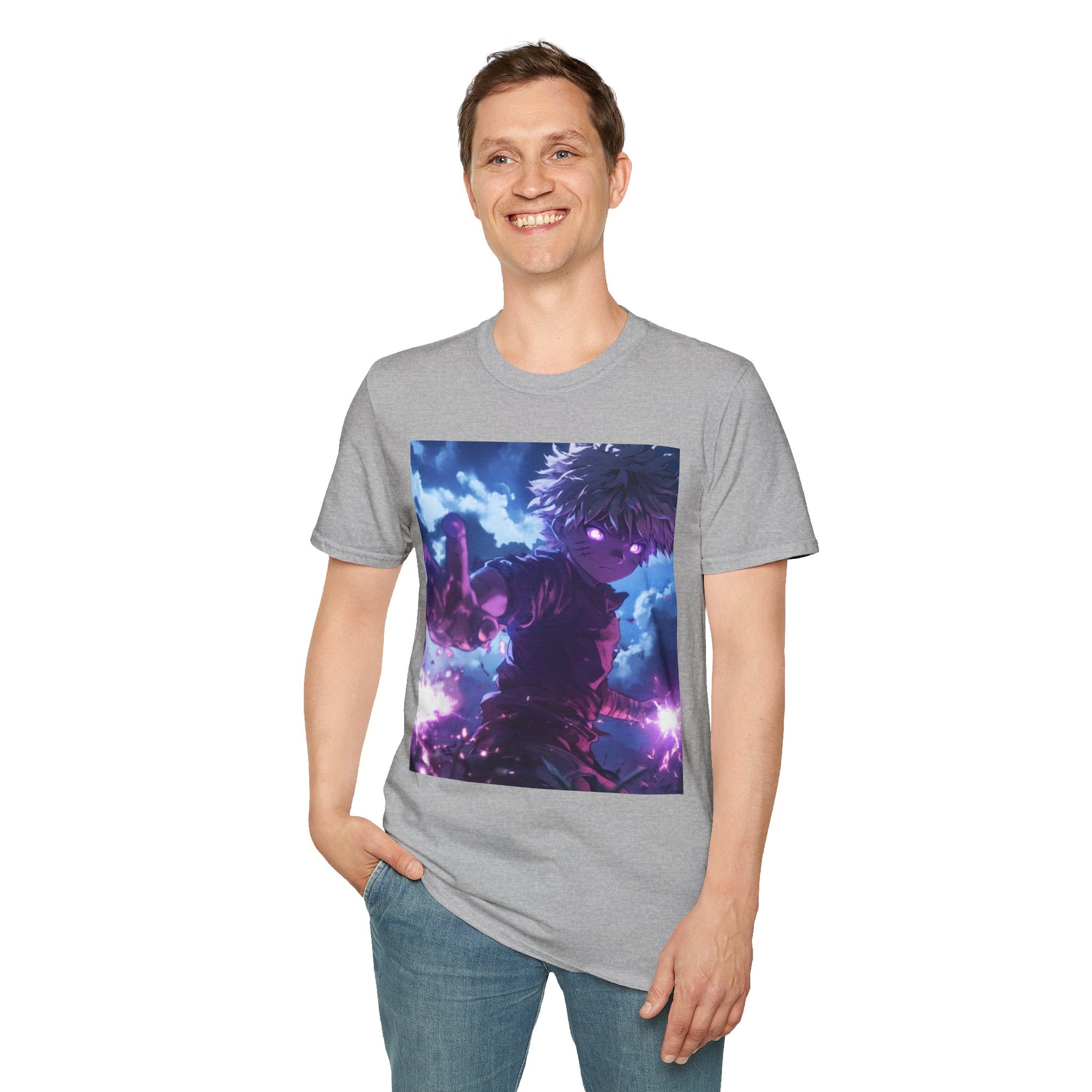 Killua Voltage Anime Tee -  hunter x hunter killua anime shirt graphic tee unisex Killua Voltage Tee – Killua Zoldyck mid-lightning strike with glowing eyes and stormy backdrop