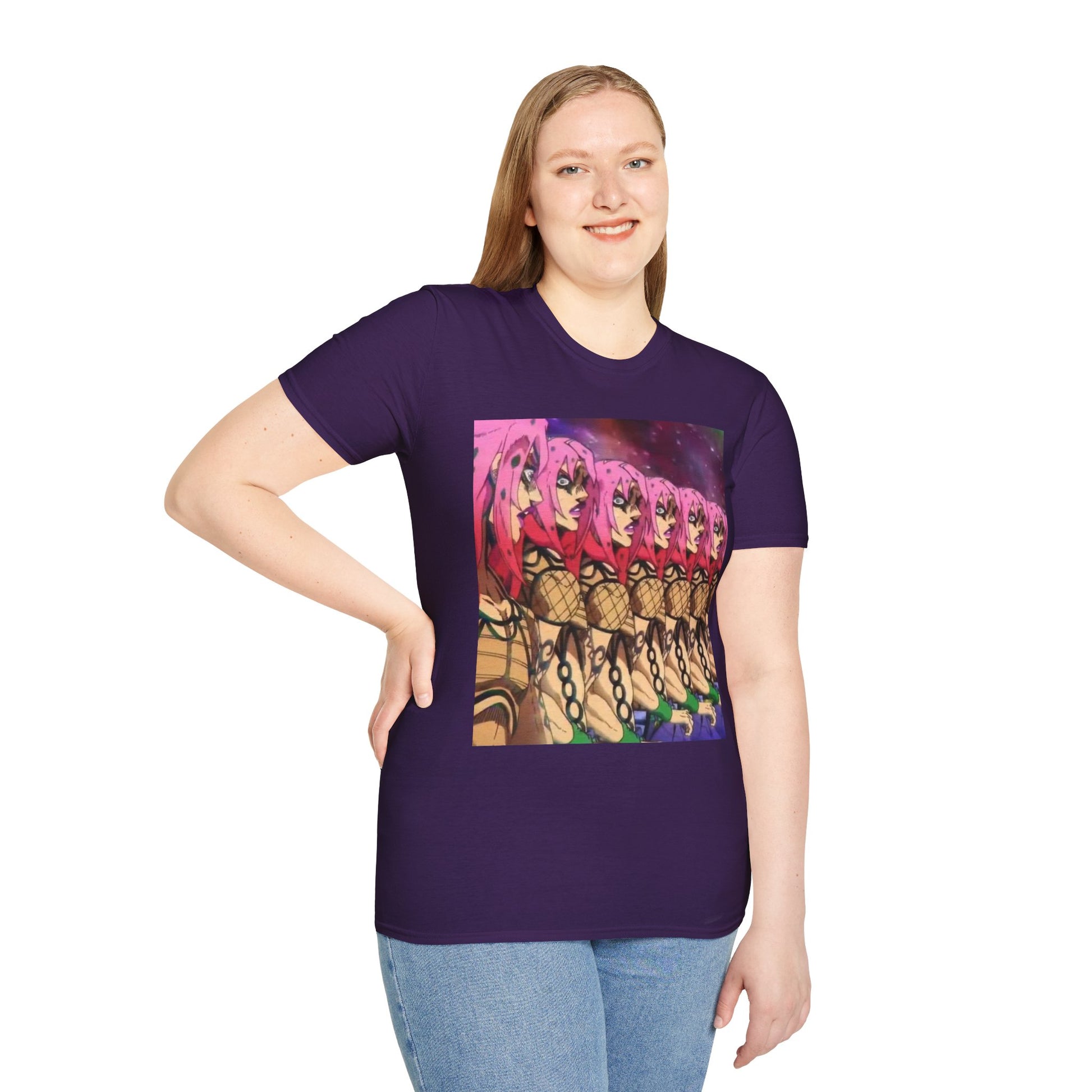 Diavolo Infinite Loop Tee -  jojo diavolo king crimson anime shirt graphic tee unisex Diavolo Death Loop Tee – Diavolo caught in cosmic loop with pink hair and cryptic tattoos