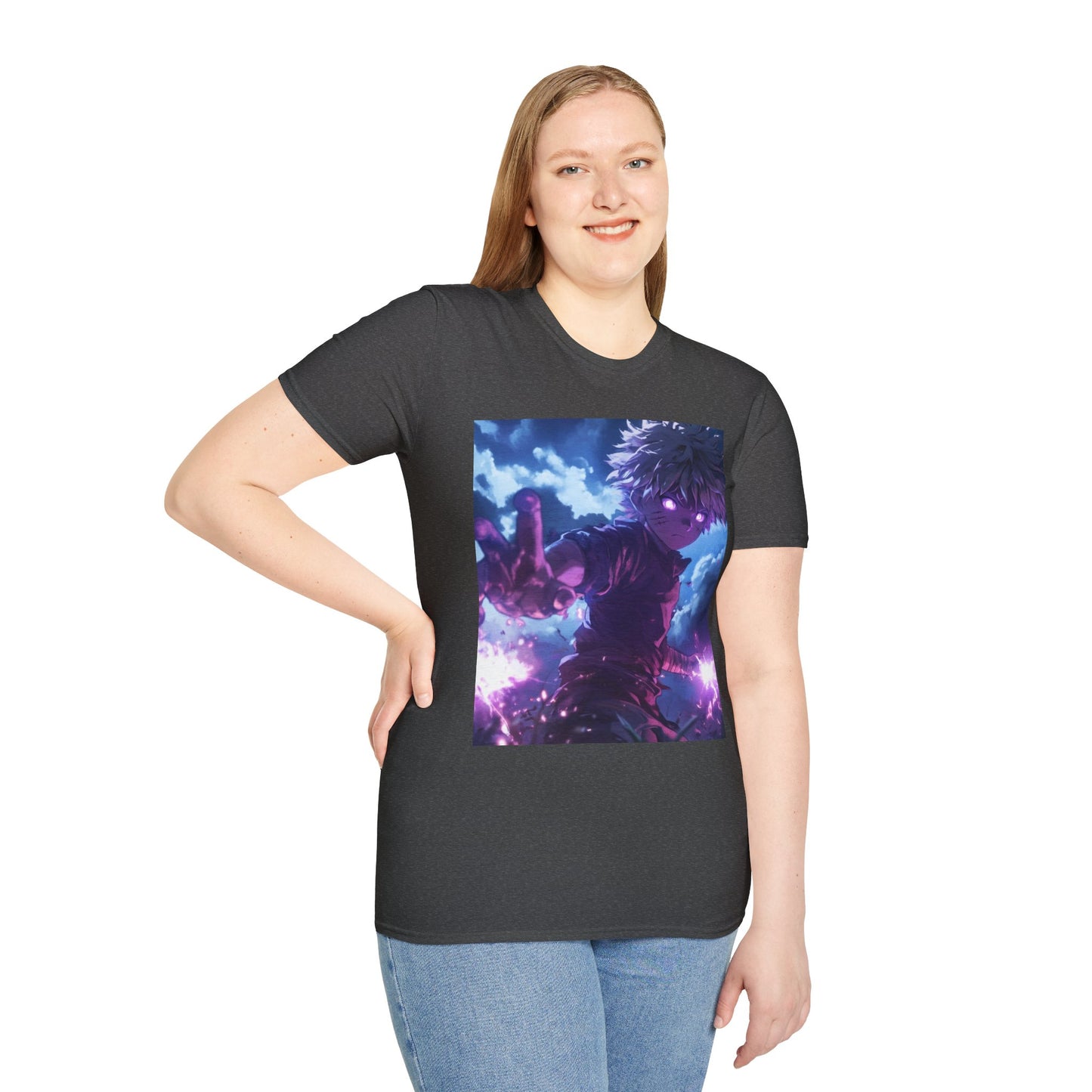 Killua Voltage Anime Tee -  hunter x hunter killua anime shirt graphic tee unisex Killua Voltage Tee – Killua Zoldyck mid-lightning strike with glowing eyes and stormy backdrop