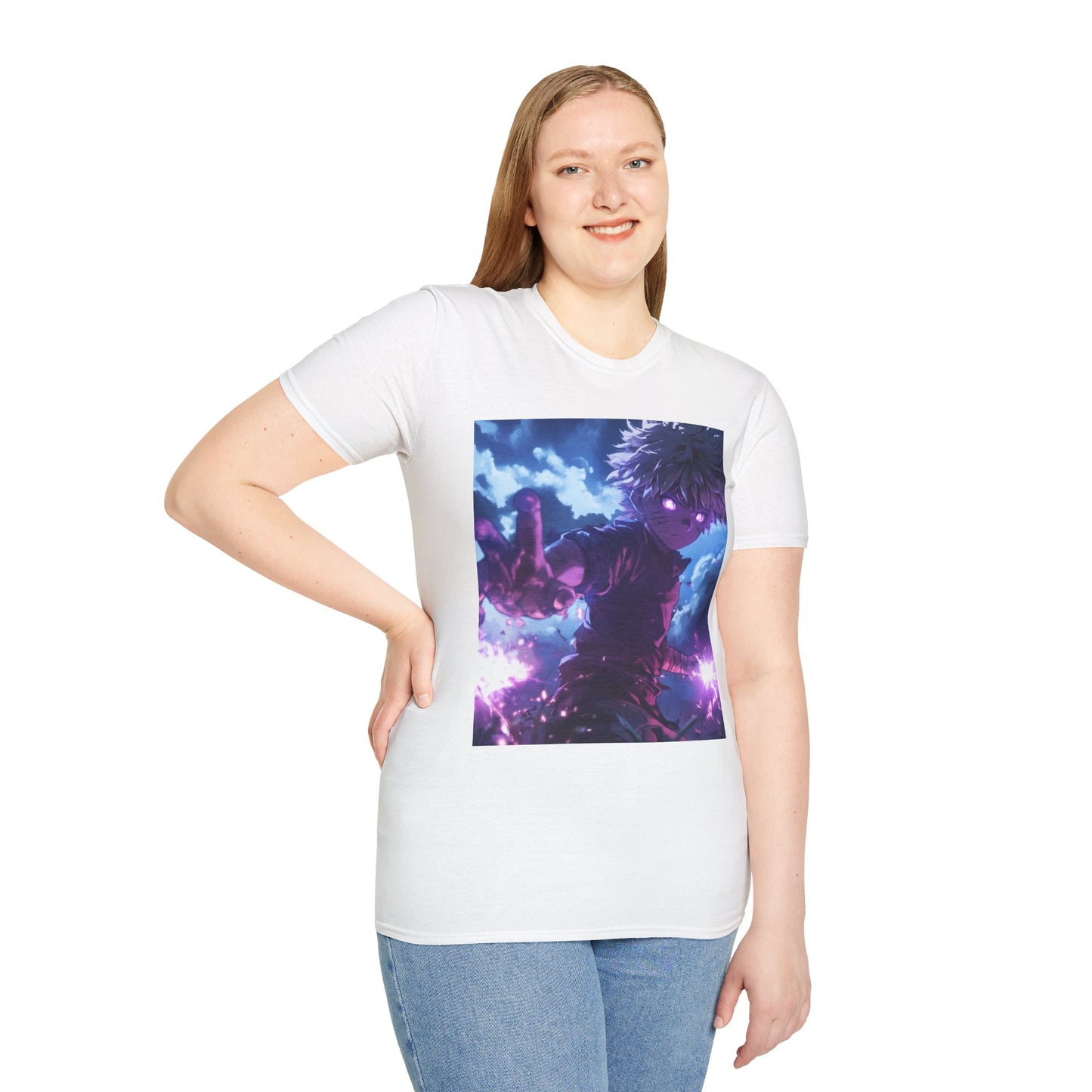 Killua Voltage Anime Tee -  hunter x hunter killua anime shirt graphic tee unisex Killua Voltage Tee – Killua Zoldyck mid-lightning strike with glowing eyes and stormy backdrop