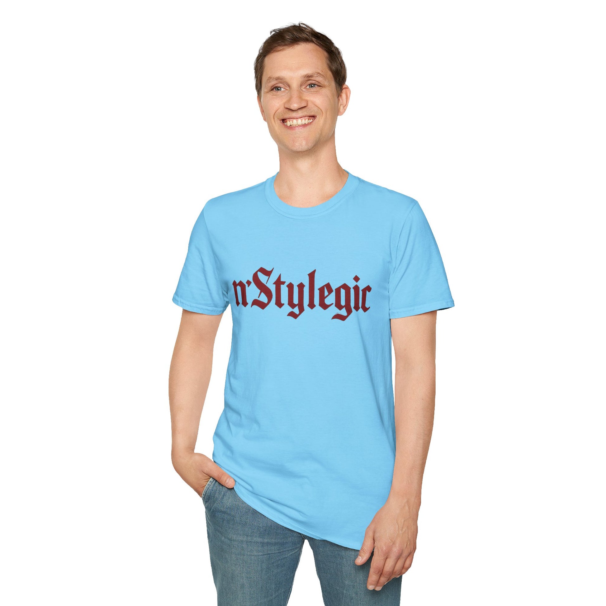 n’Stylegic Logo Streetwear Tee -  logo tee streetwear minimalist graphic tee unisex n’Stylegic Logo Tee – Gothic red logo on minimalist black shirt streetwear branding