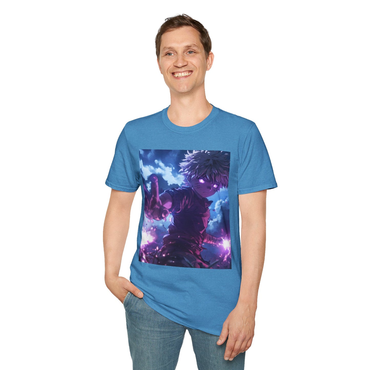Killua Voltage Anime Tee -  hunter x hunter killua anime shirt graphic tee unisex Killua Voltage Tee – Killua Zoldyck mid-lightning strike with glowing eyes and stormy backdrop
