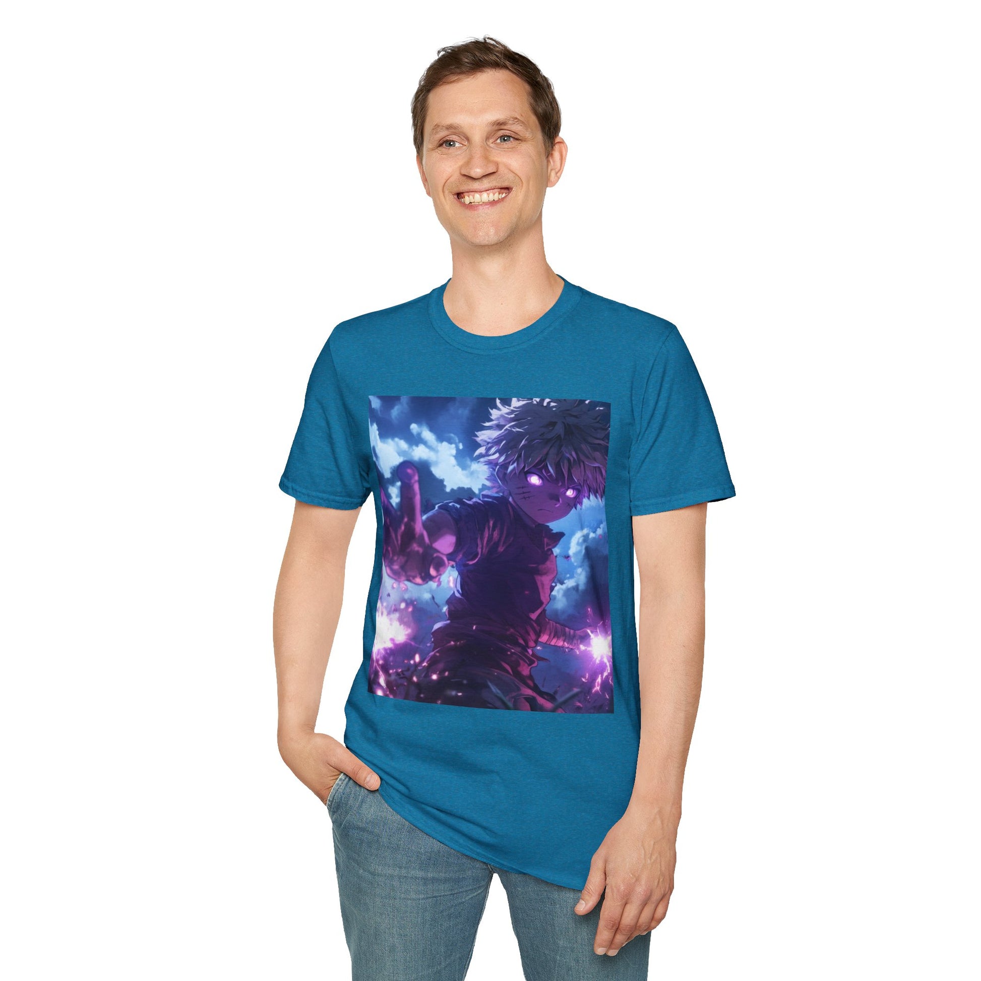 Killua Voltage Anime Tee -  hunter x hunter killua anime shirt graphic tee unisex Killua Voltage Tee – Killua Zoldyck mid-lightning strike with glowing eyes and stormy backdrop