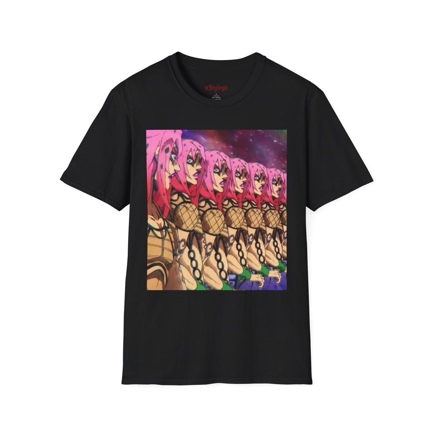 Diavolo Infinite Loop Tee -  jojo diavolo king crimson anime shirt graphic tee unisex Diavolo Death Loop Tee – Diavolo caught in cosmic loop with pink hair and cryptic tattoos
