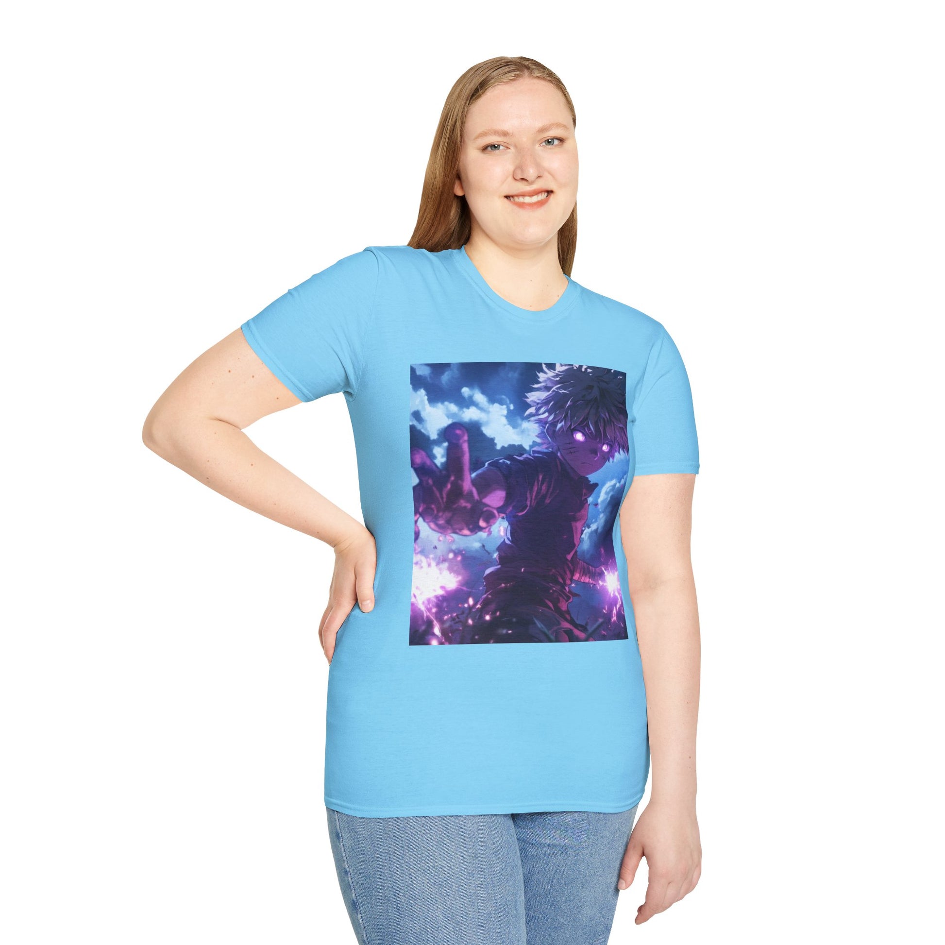 Killua Voltage Anime Tee -  hunter x hunter killua anime shirt graphic tee unisex Killua Voltage Tee – Killua Zoldyck mid-lightning strike with glowing eyes and stormy backdrop