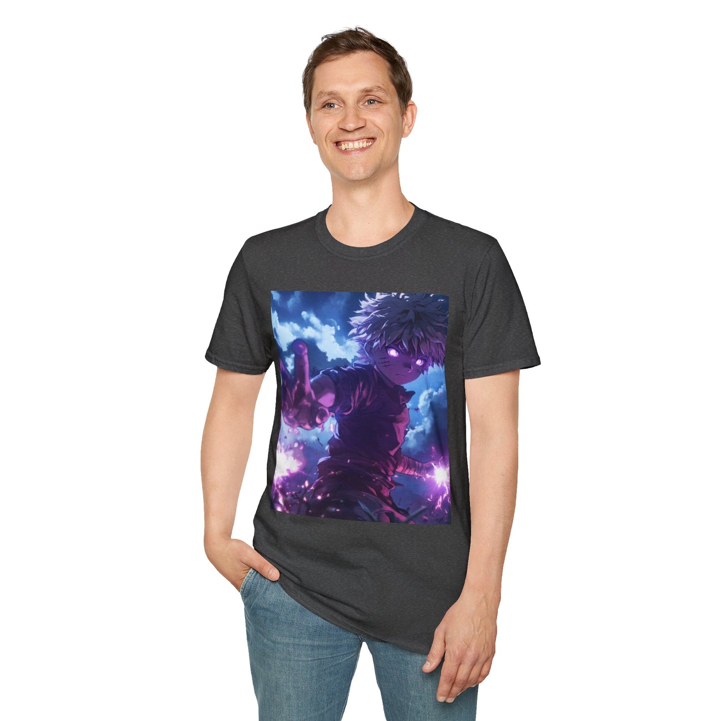 Killua Voltage Anime Tee -  hunter x hunter killua anime shirt graphic tee unisex Killua Voltage Tee – Killua Zoldyck mid-lightning strike with glowing eyes and stormy backdrop