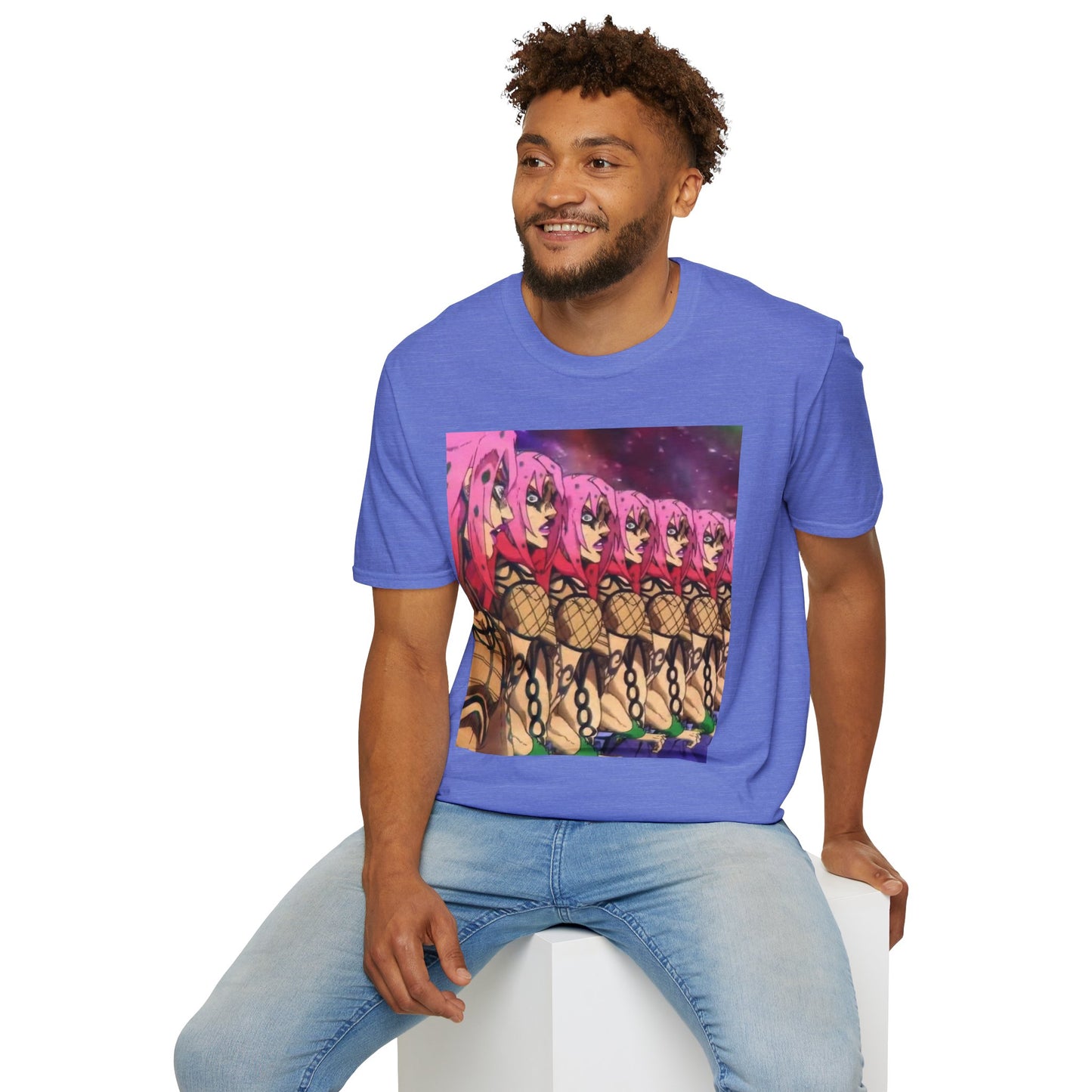 Diavolo Infinite Loop Tee -  jojo diavolo king crimson anime shirt graphic tee unisex Diavolo Death Loop Tee – Diavolo caught in cosmic loop with pink hair and cryptic tattoos