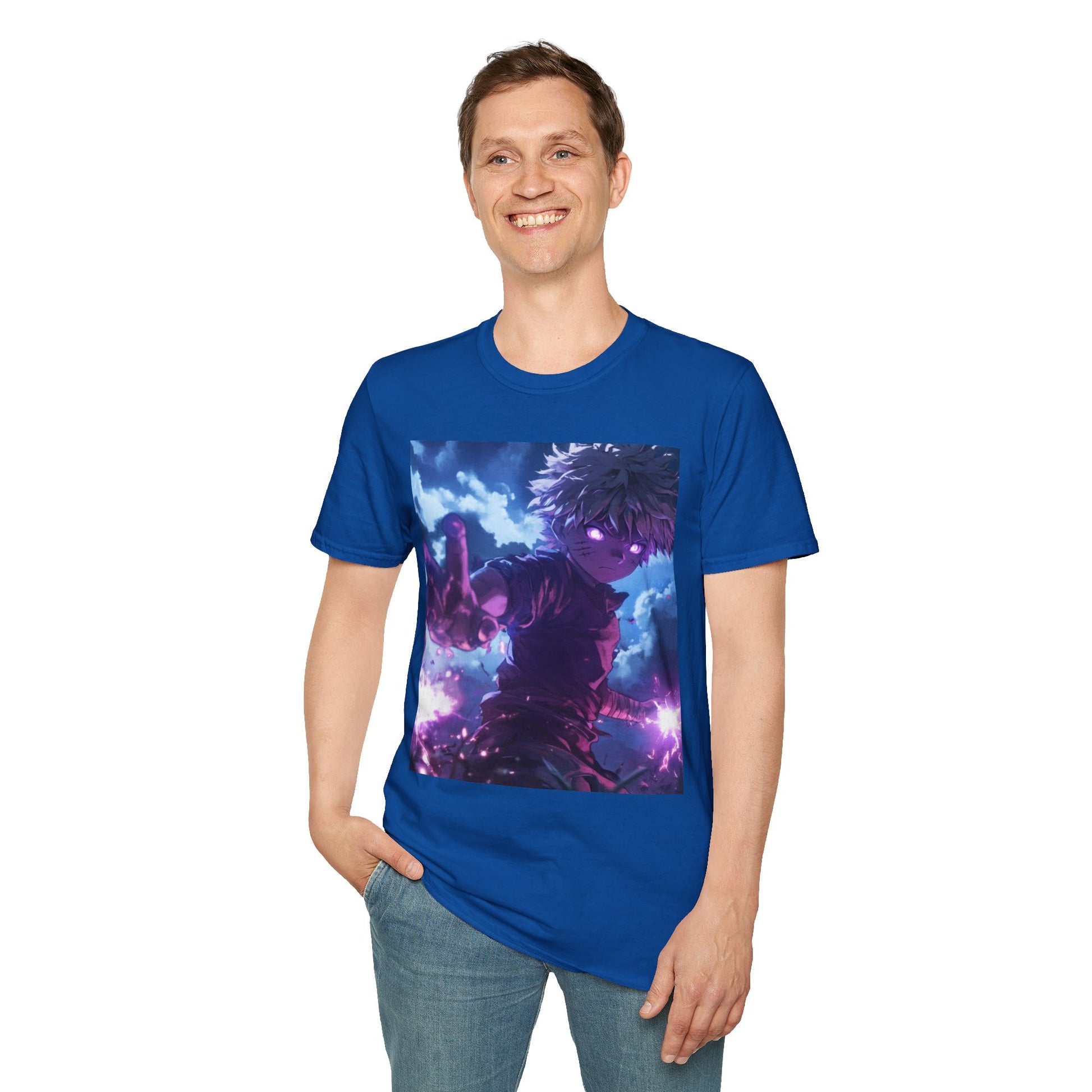 Killua Voltage Anime Tee -  hunter x hunter killua anime shirt graphic tee unisex Killua Voltage Tee – Killua Zoldyck mid-lightning strike with glowing eyes and stormy backdrop